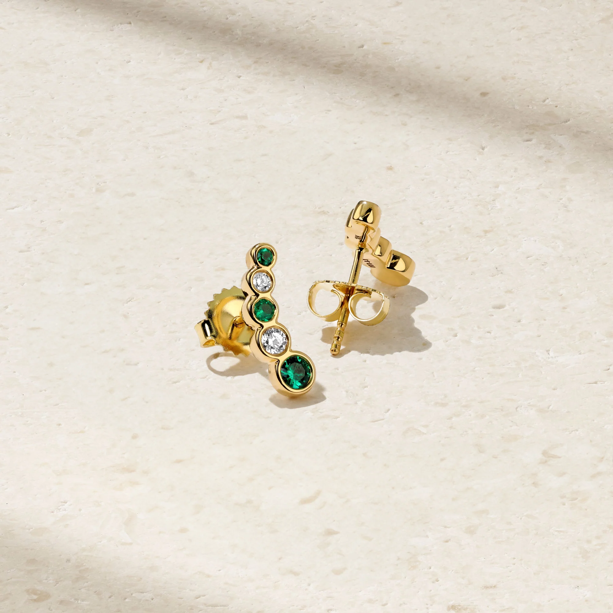 Bubbly Curved Emerald and Diamond Stud Earrings - Image 2