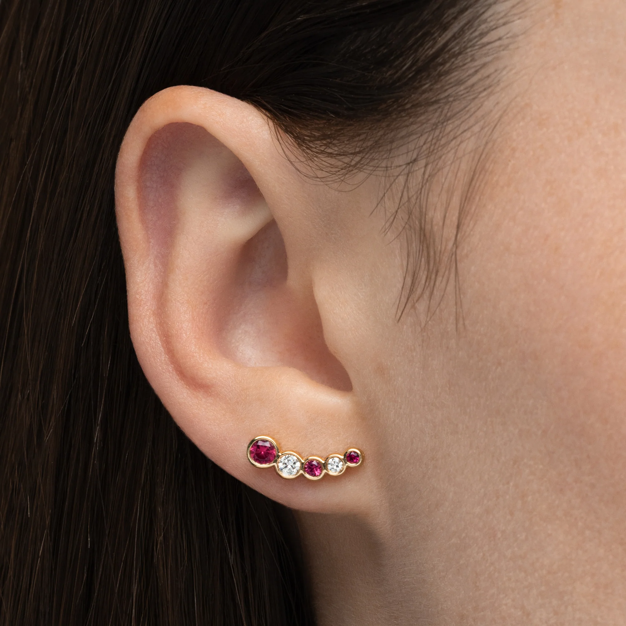 Bubbly Curved Ruby and Diamond Stud Earrings - Image 2