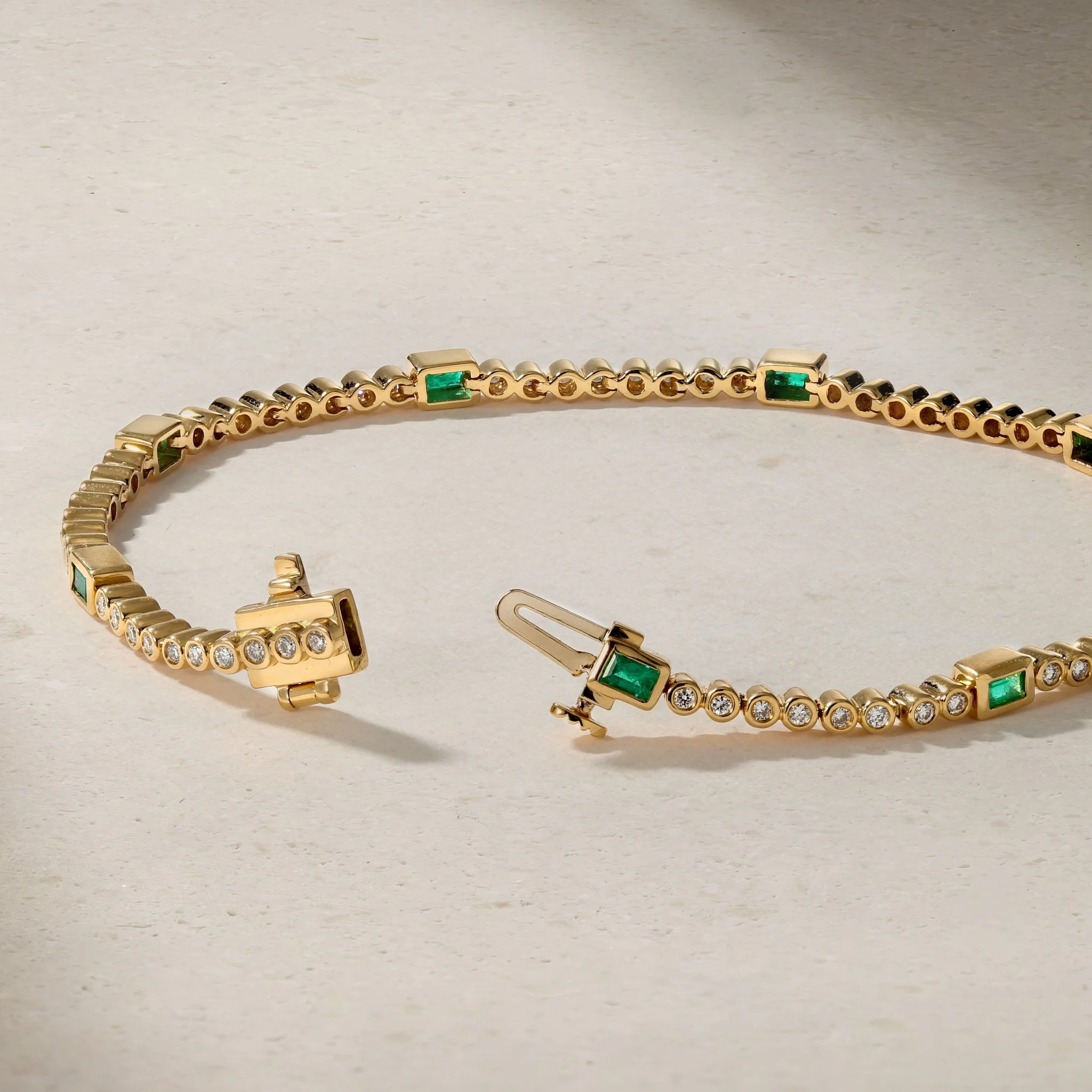 Classic Bezel Baguette Emerald and Round Diamond Tennis Bracelet - Image 3