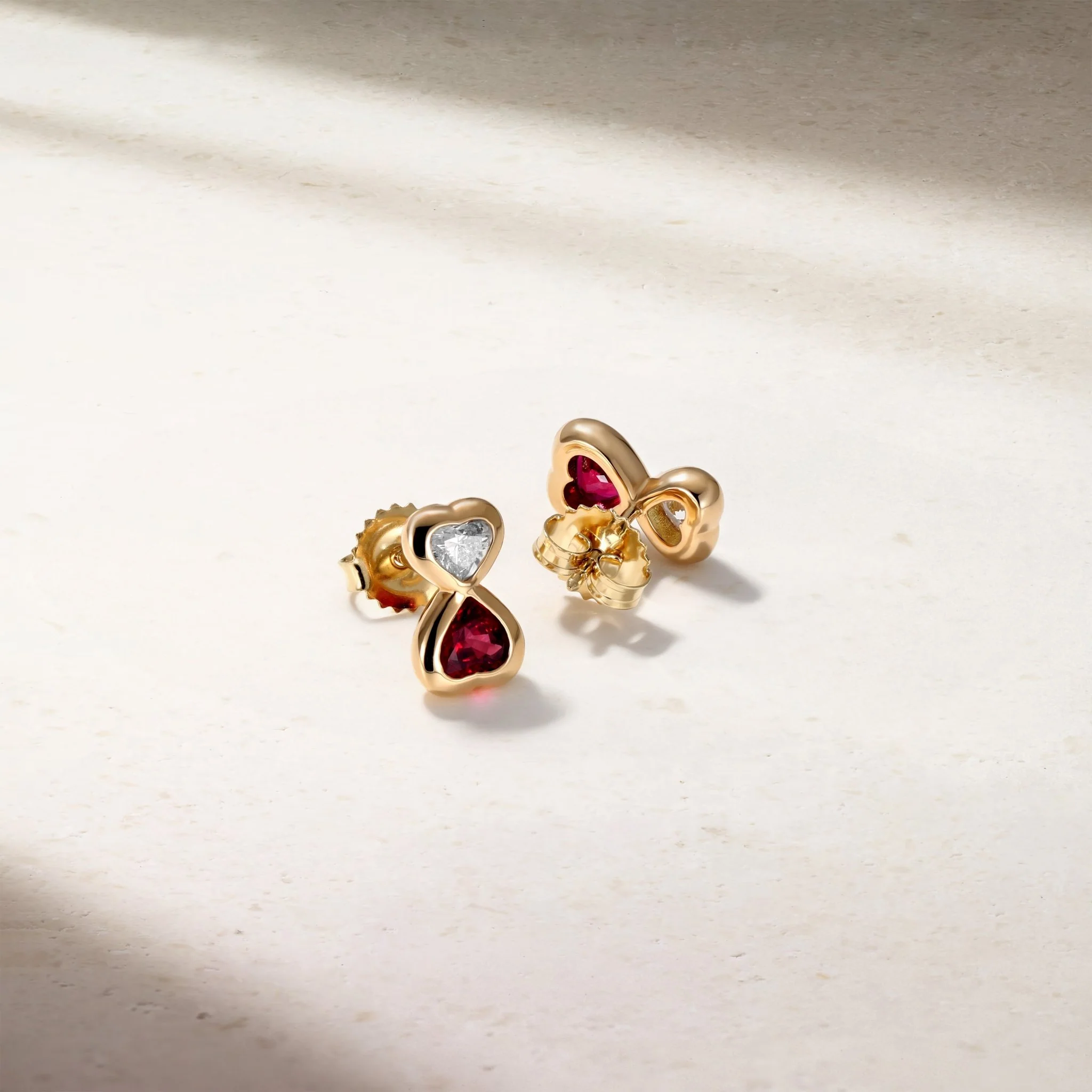 Dilara Bezel Set Twin Heart Ruby and Diamond Stud Earrings - Image 3
