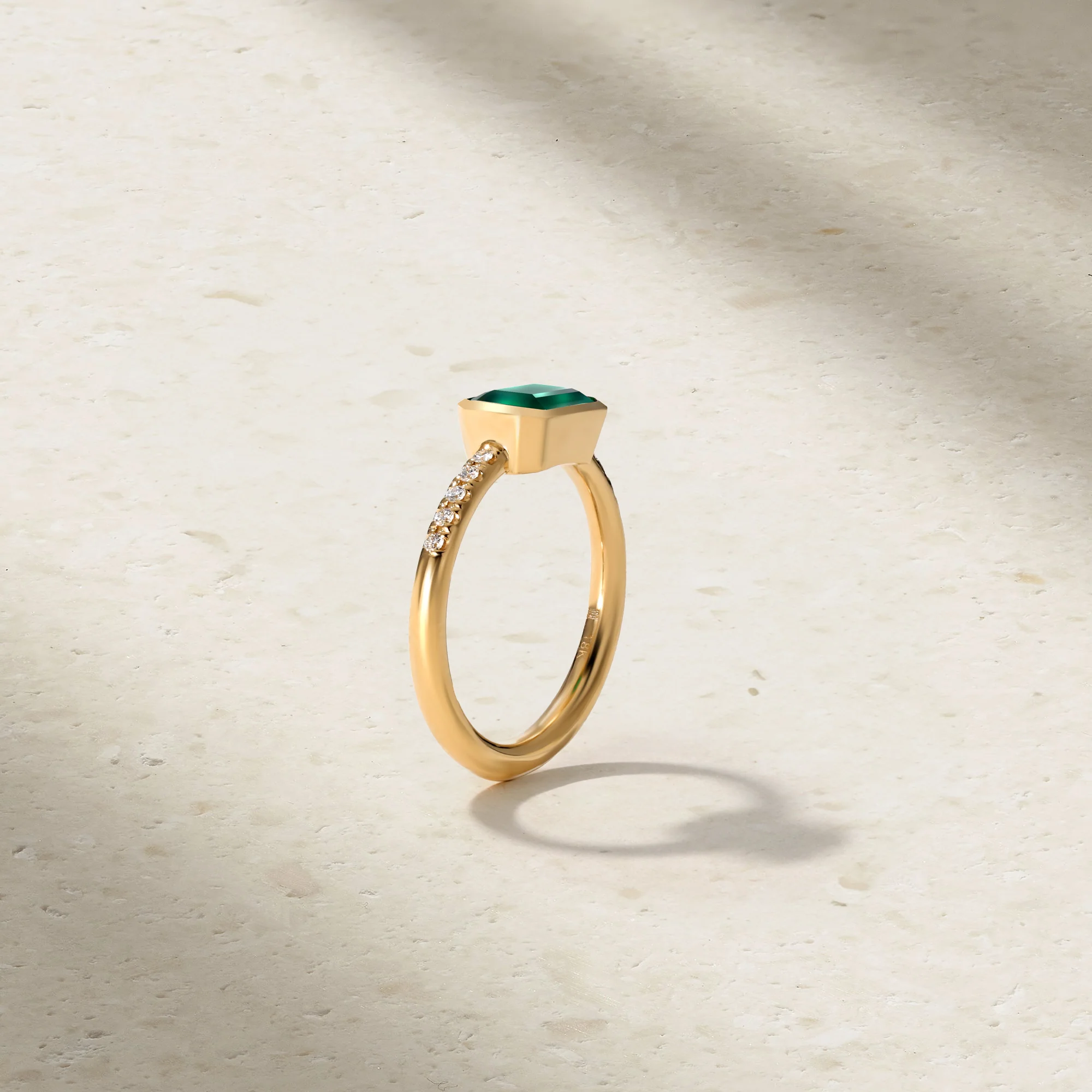 East-West Emerald Cut Emerald and Diamond Bezel Ring - Image 3