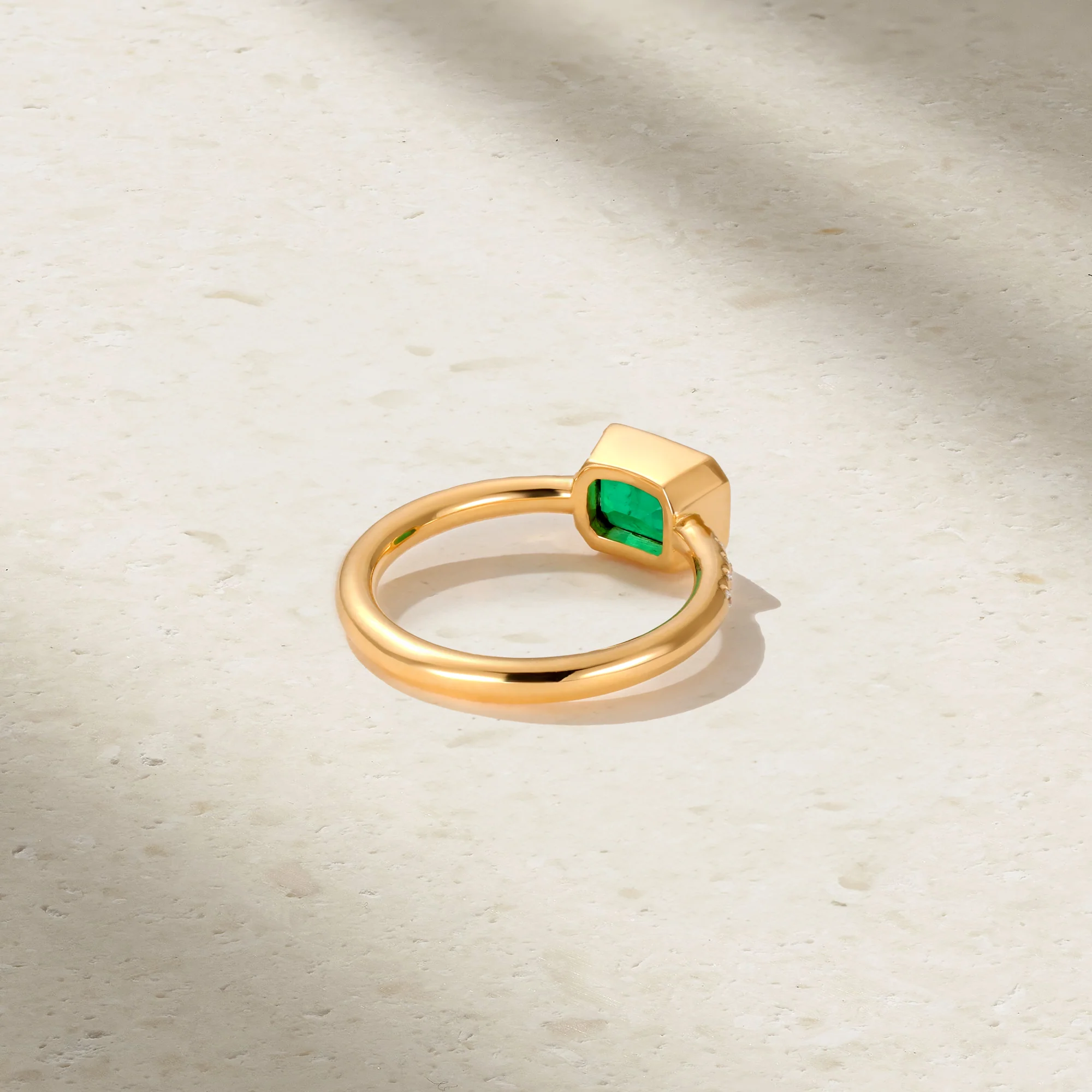 East-West Emerald Cut Emerald and Diamond Bezel Ring - Image 4