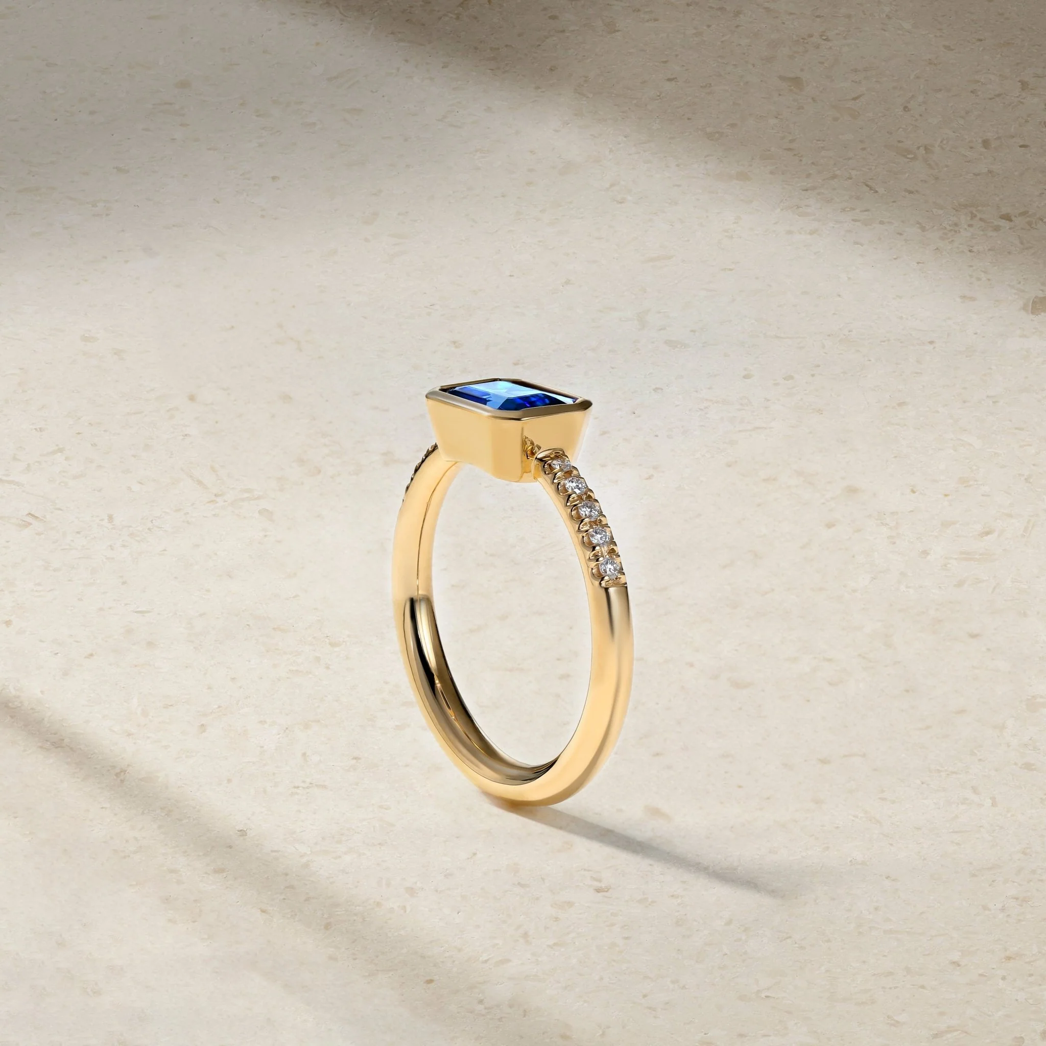 East-West Emerald Cut Sapphire and Diamond Bezel Ring - Image 3