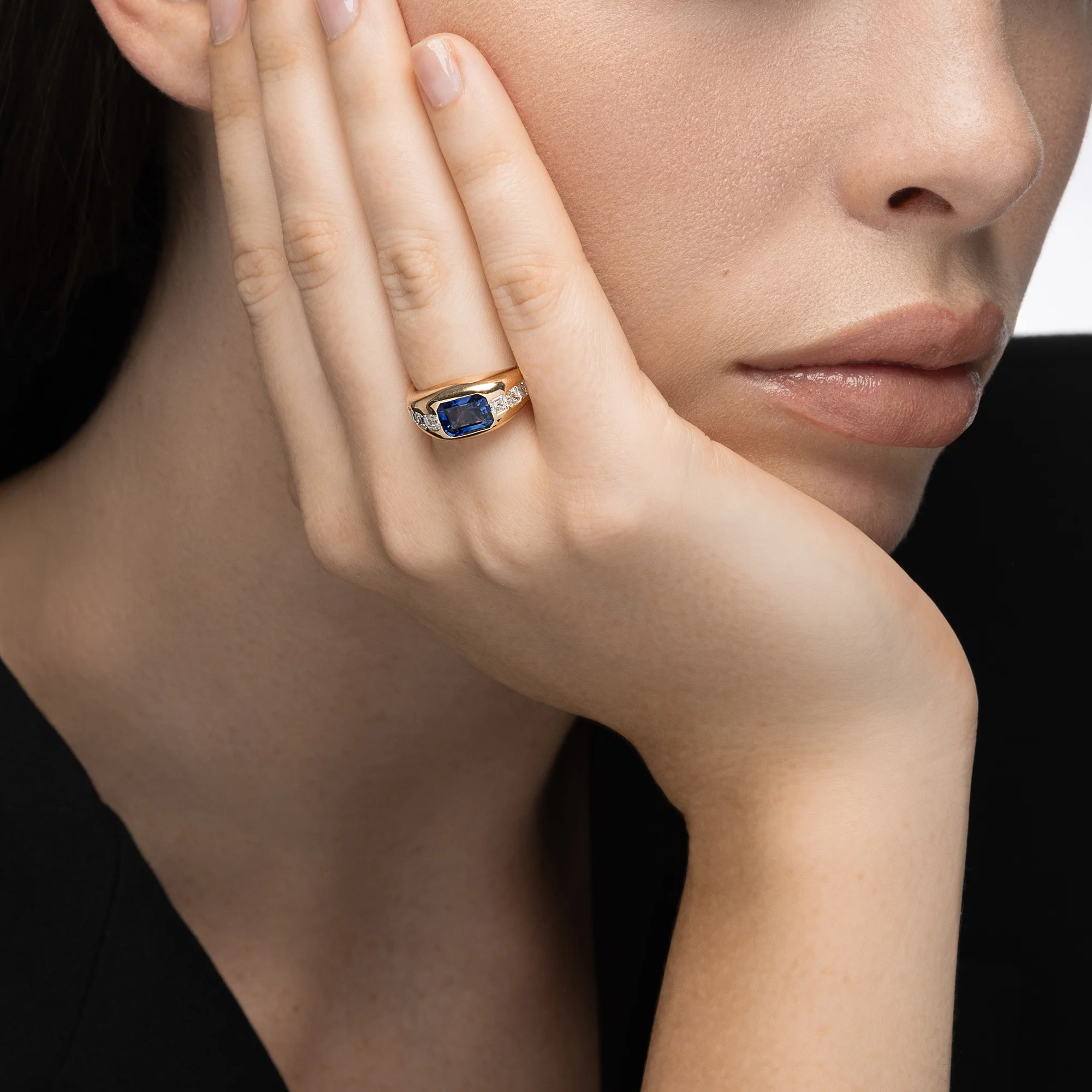 Gypsy Emerald Cut Sapphire and Asscher Diamond Ring - Image 2