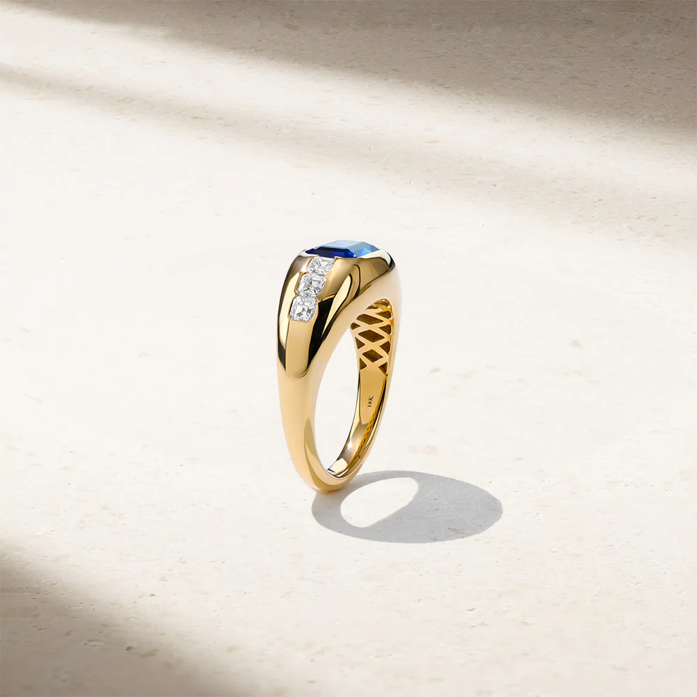 Gypsy Emerald Cut Sapphire and Asscher Diamond Ring - Image 3