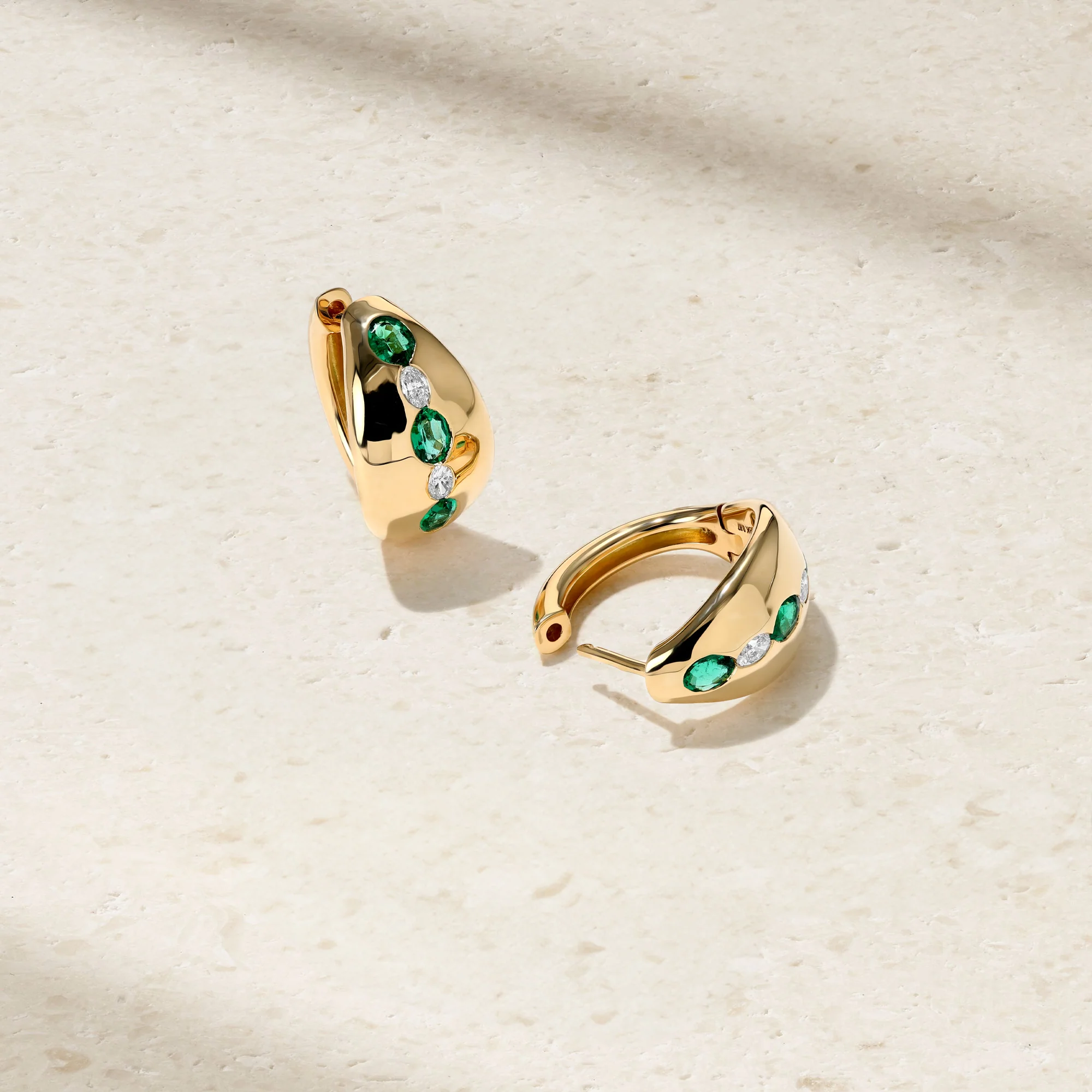Gypsy Oval Emerald and Diamond Huggie Earrings - Image 2