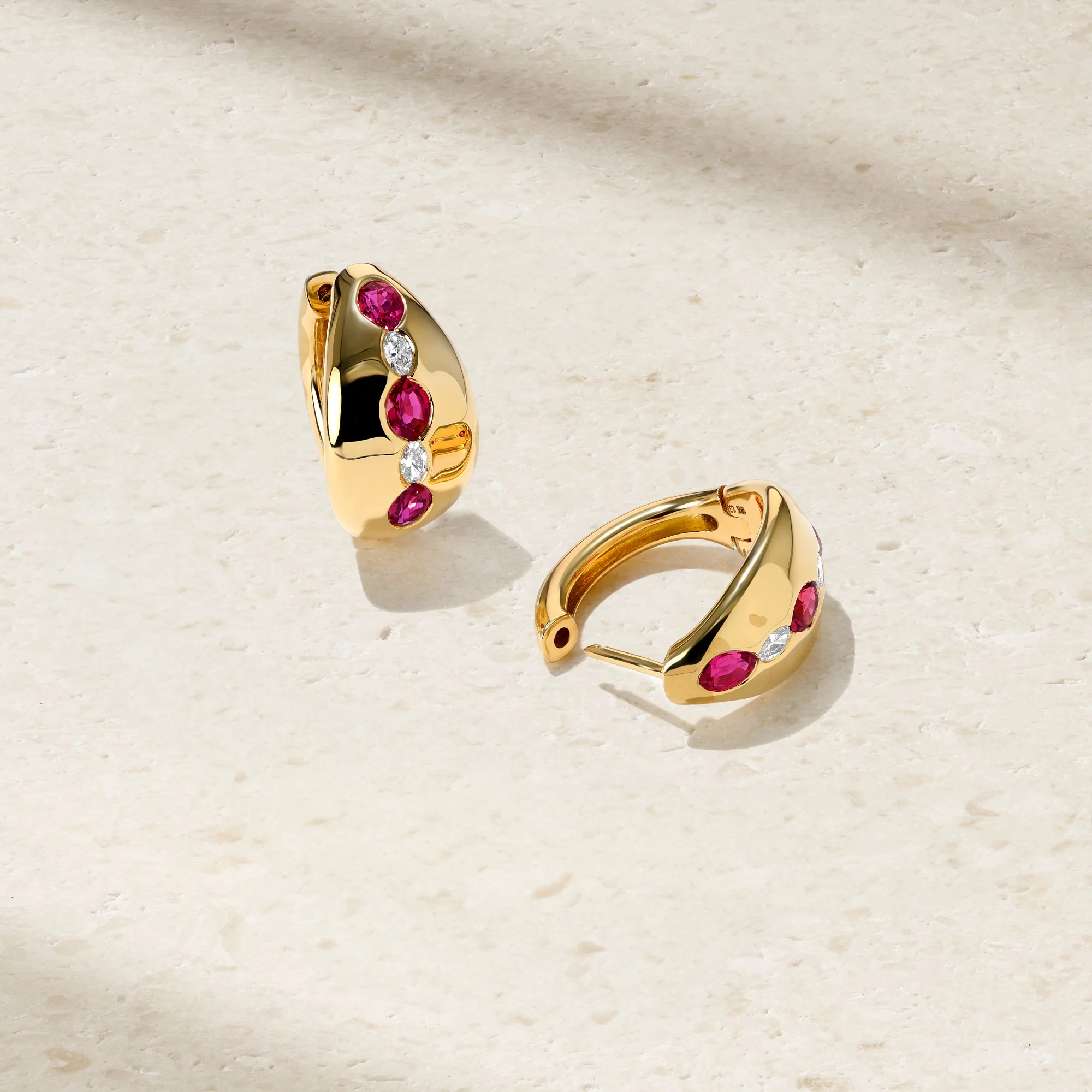 Gypsy Oval Ruby and Diamond Huggie Earrings - Image 2