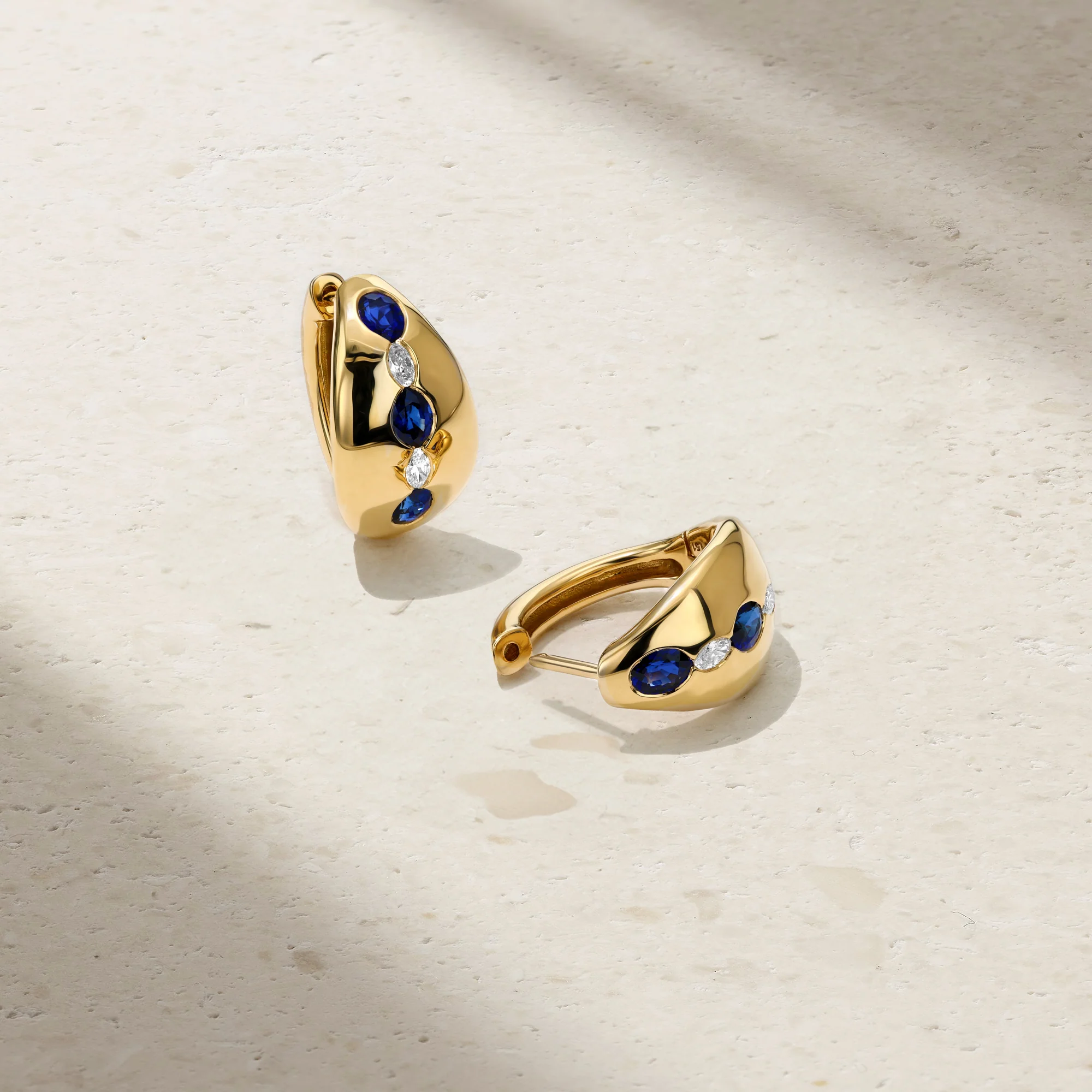 Gypsy Oval Sapphire and Diamond Huggie Earrings - Image 2