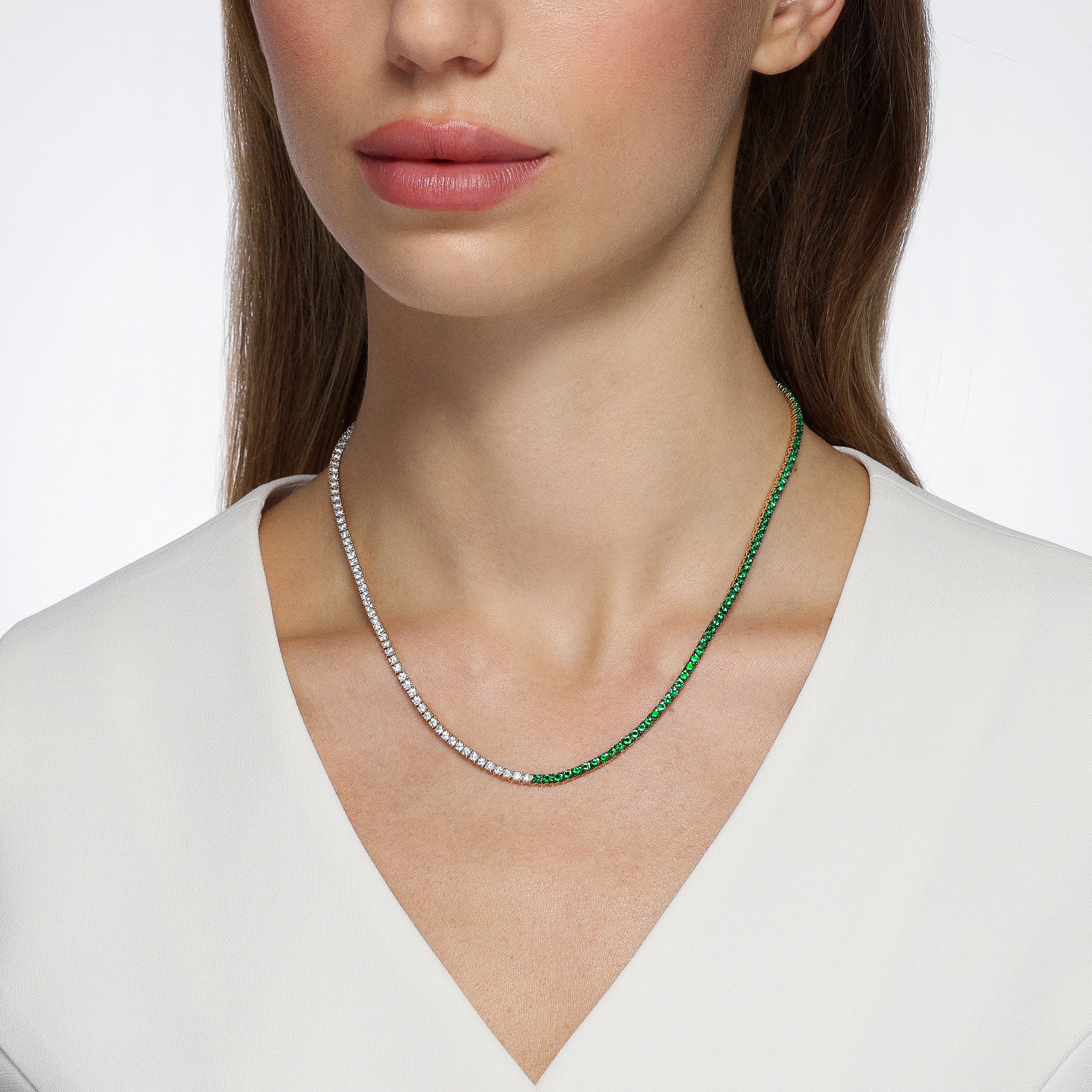 Half and Half Emerald and Diamond Tennis Necklace - Image 2