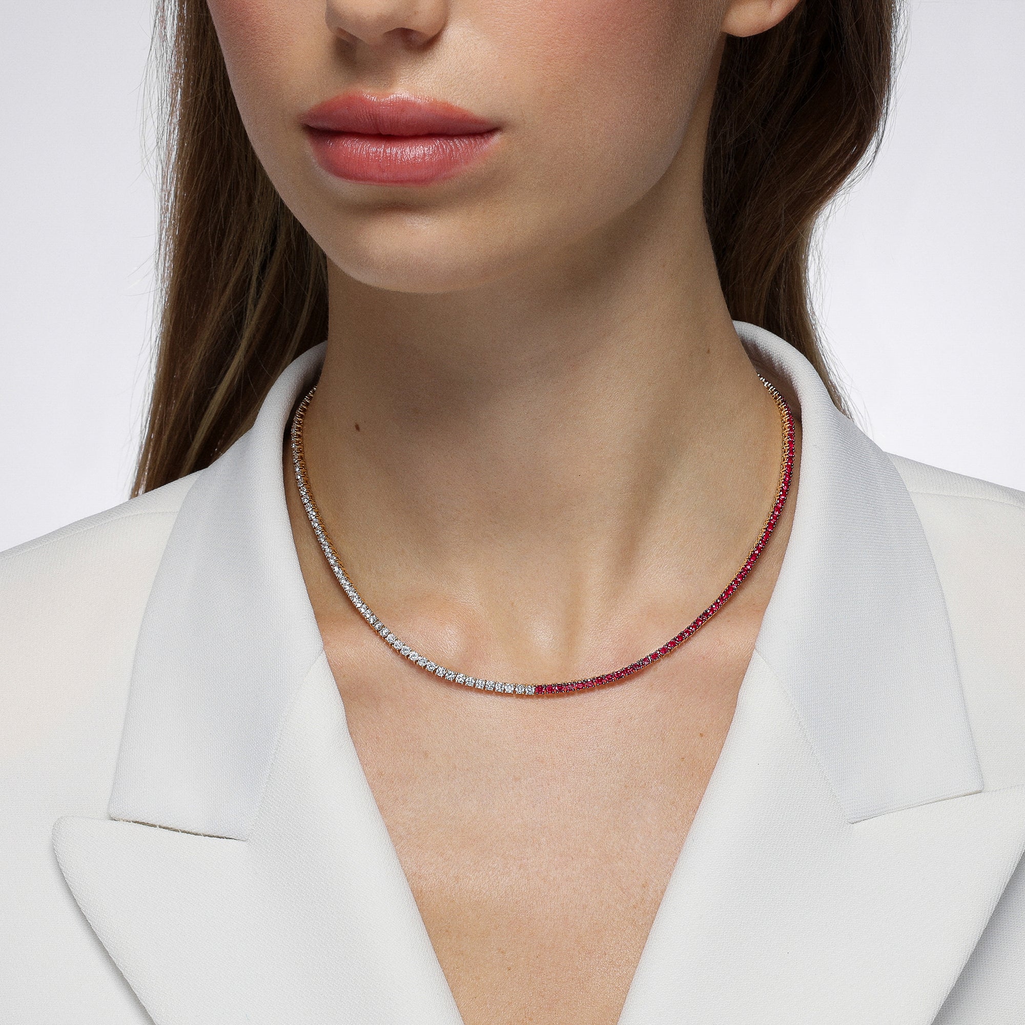 Half and Half Ruby and Diamond Tennis Necklace - Image 2