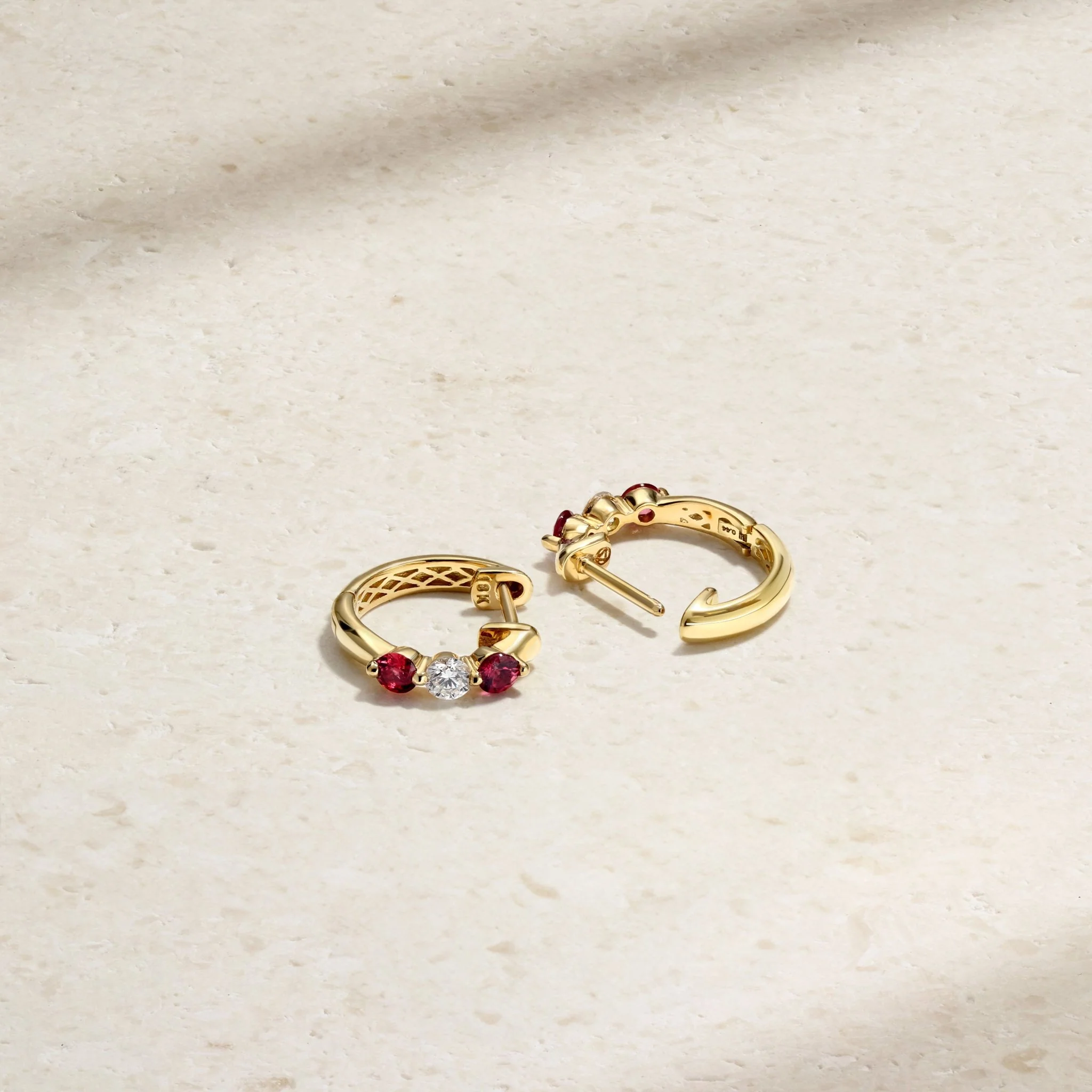 Mini Triplet Ruby and Diamond Huggie Earrings - Image 3