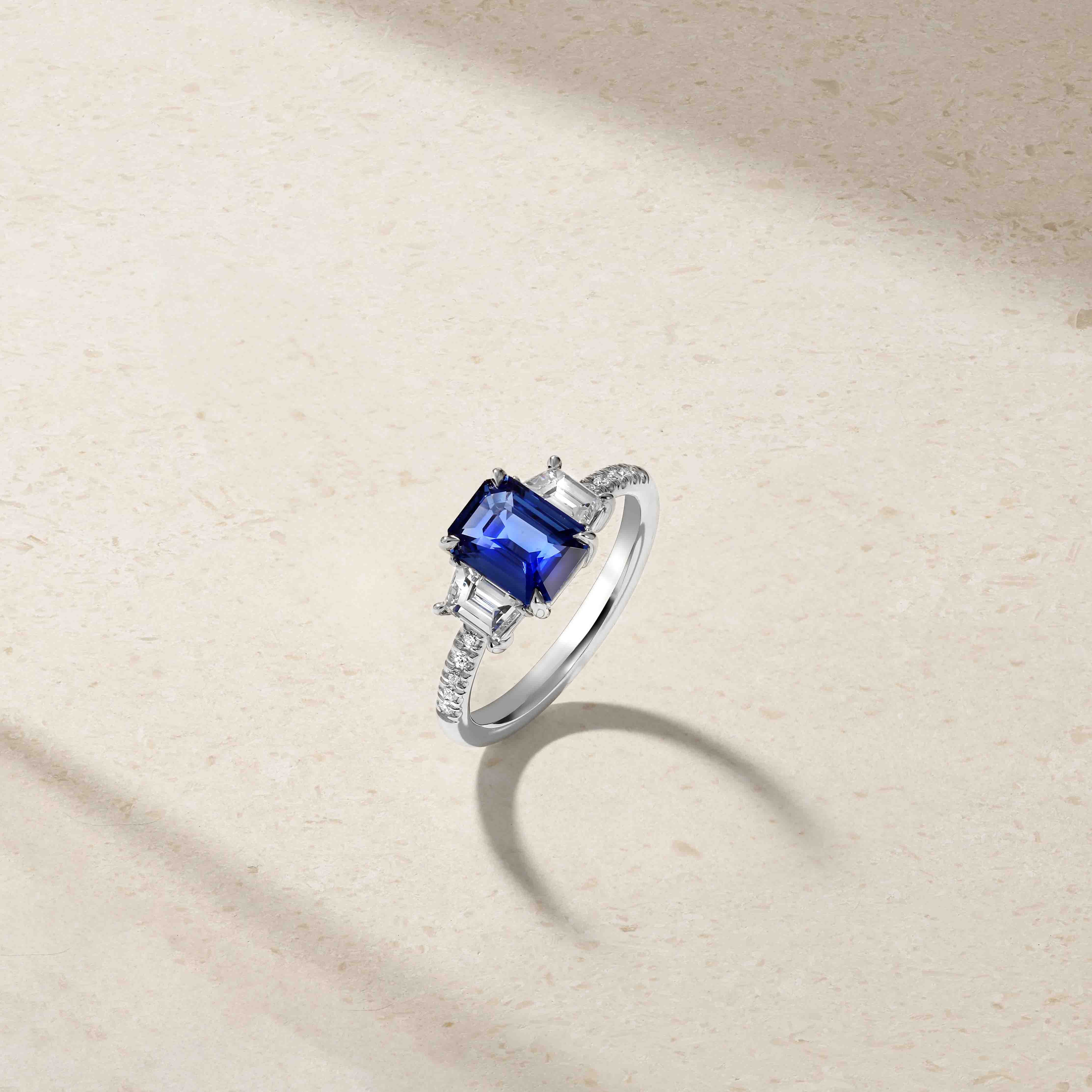 Nouveau Three Stone Emerald Cut Sapphire and Diamond Ring - Image 3