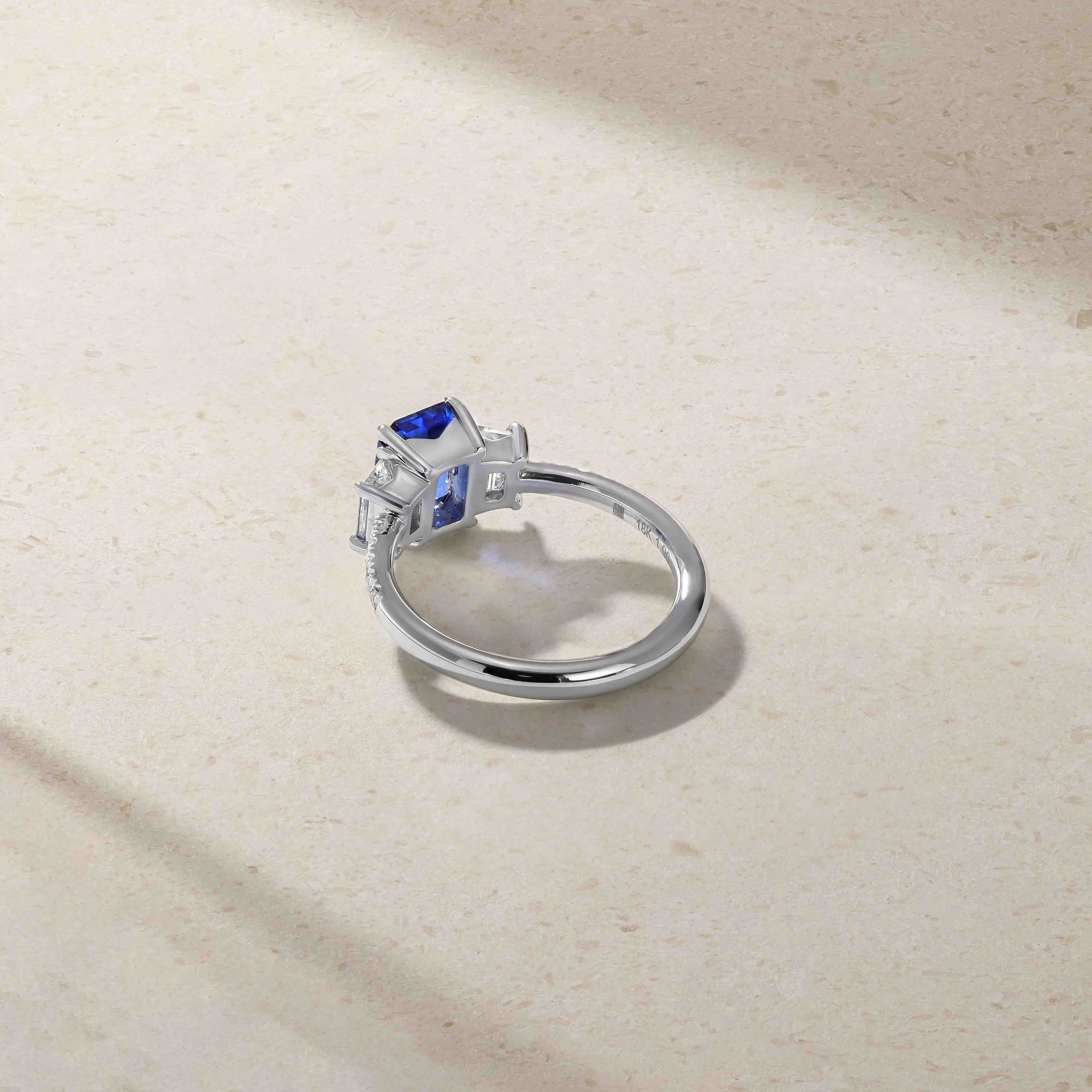 Nouveau Three Stone Emerald Cut Sapphire and Diamond Ring - Image 4