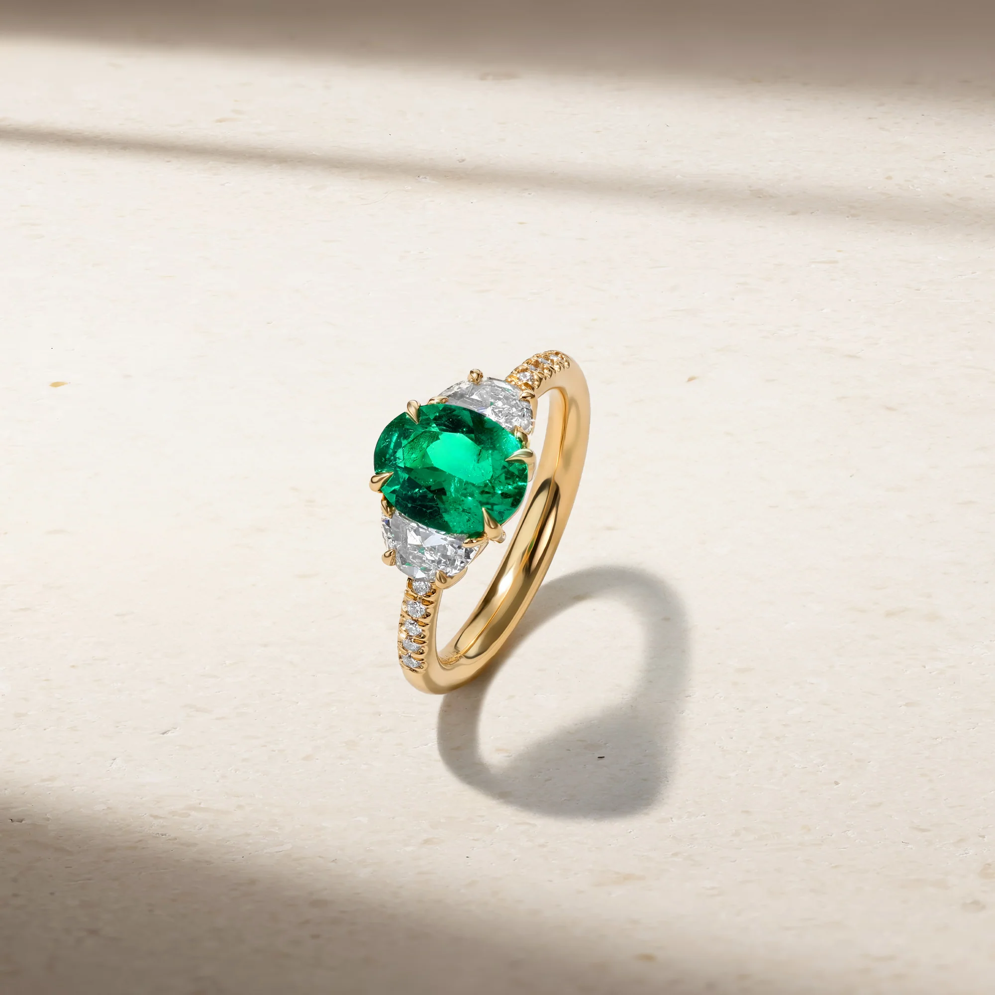 Nouveau Three Stone Oval Emerald and Diamond Ring - Image 2