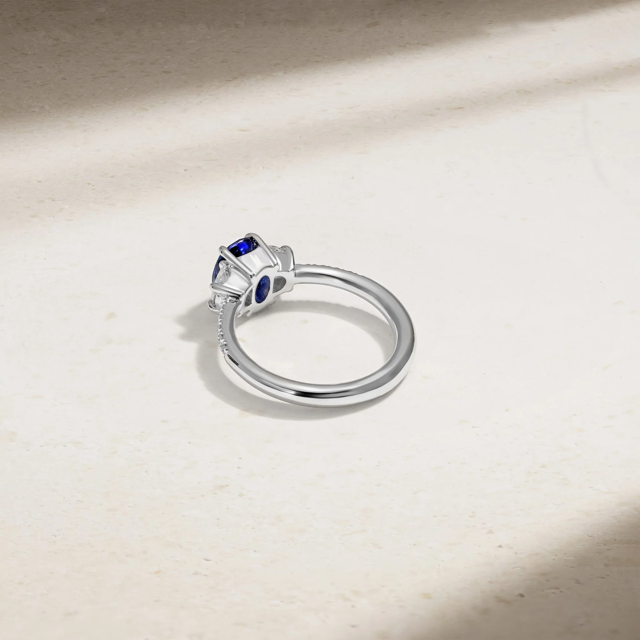 Nouveau Three Stone Oval Sapphire and Diamond Ring - Image 4