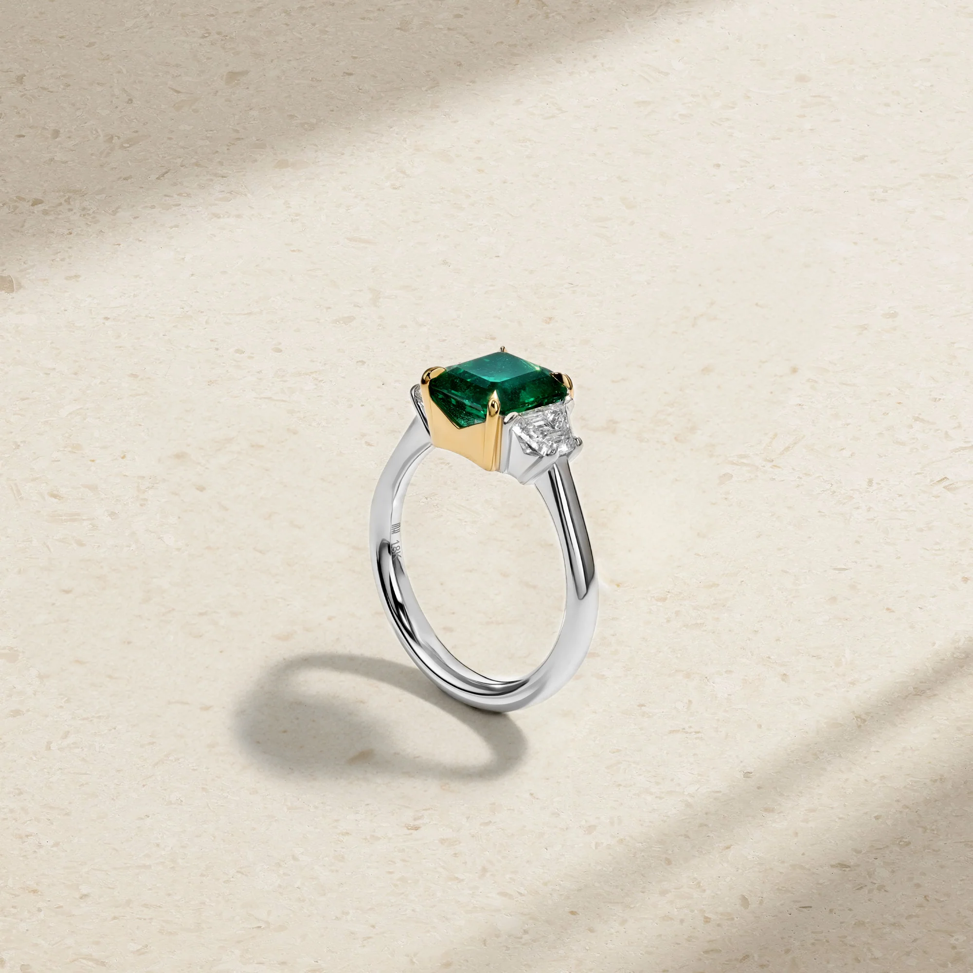 Nouveau Two Tone Three Stone Octagonal Emerald and Diamond Ring - Image 3