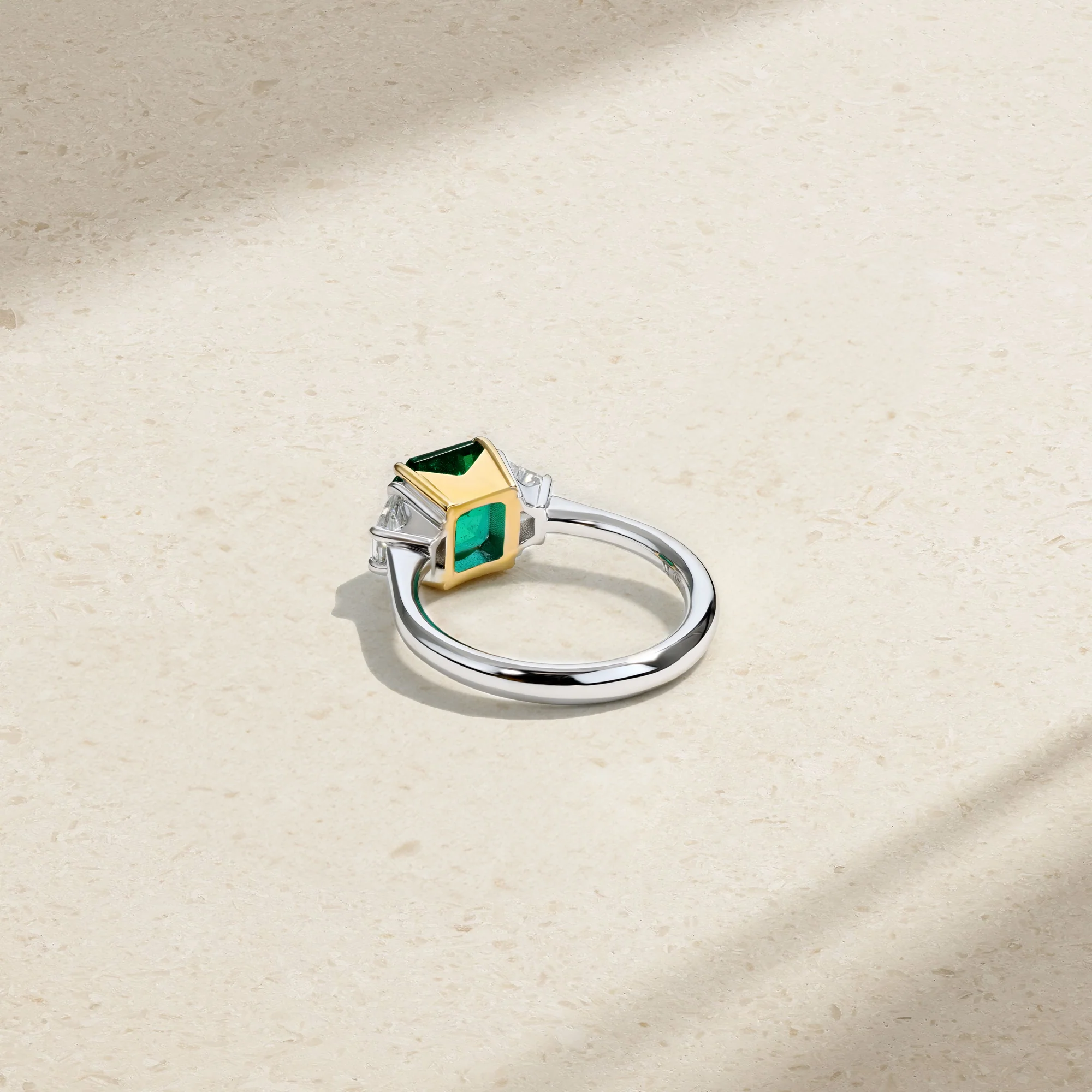 Nouveau Two Tone Three Stone Octagonal Emerald and Diamond Ring - Image 4