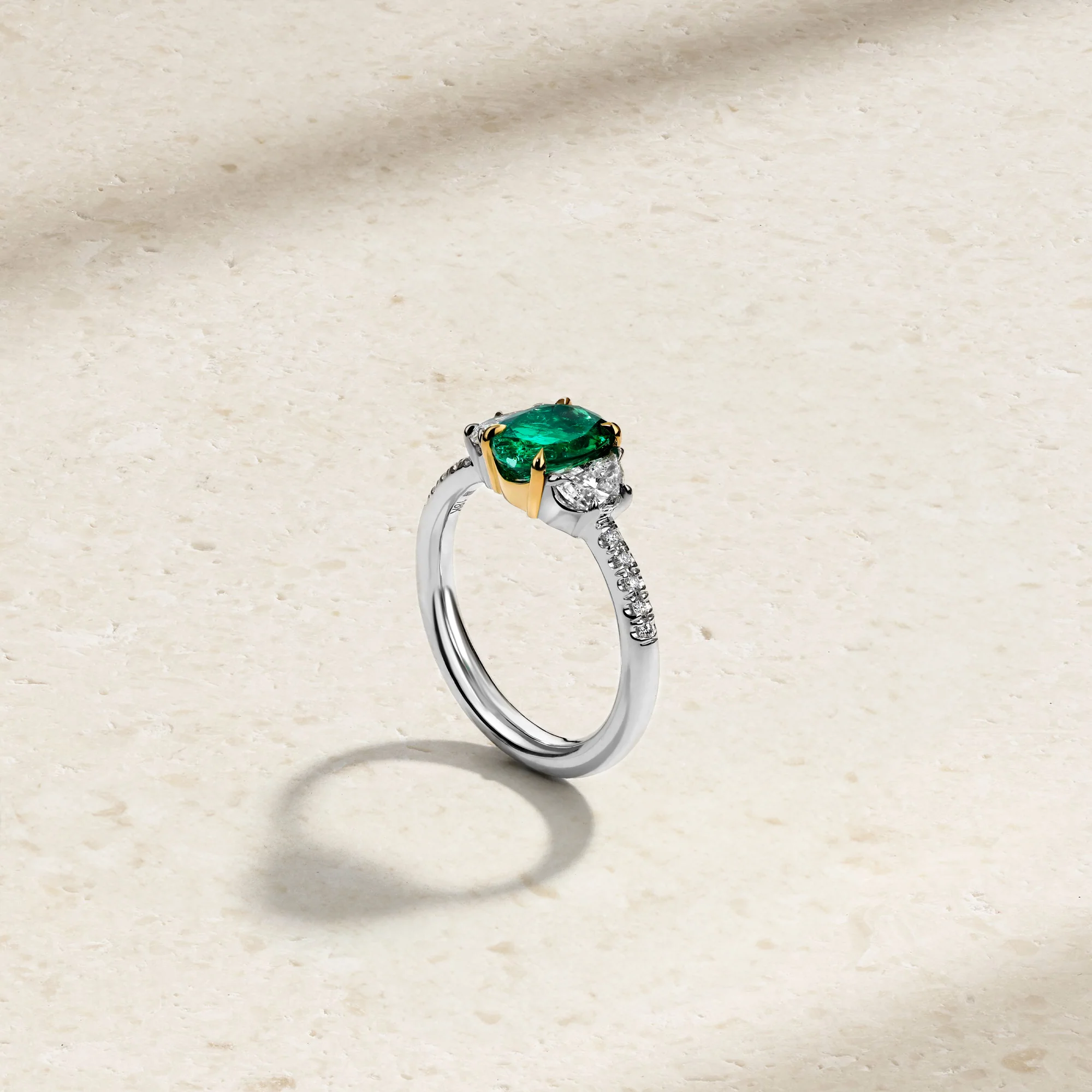 Nouveau Two Tone Three Stone Oval Colombian Emerald and Diamond Ring - Image 3