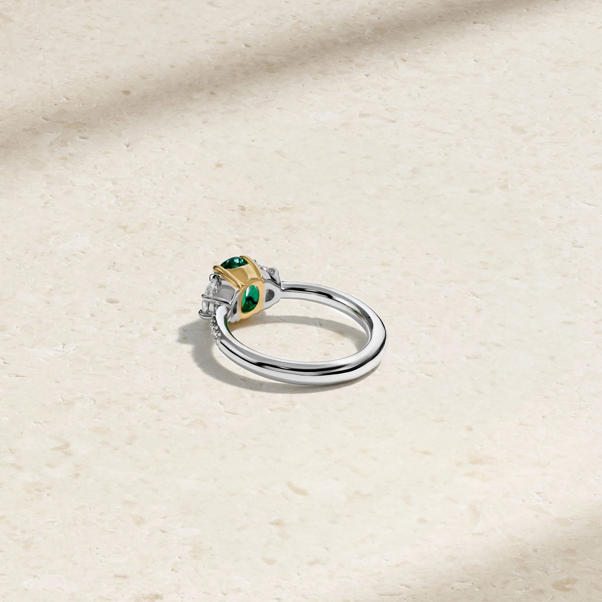 Nouveau Two Tone Three Stone Oval Colombian Emerald and Diamond Ring - Image 4