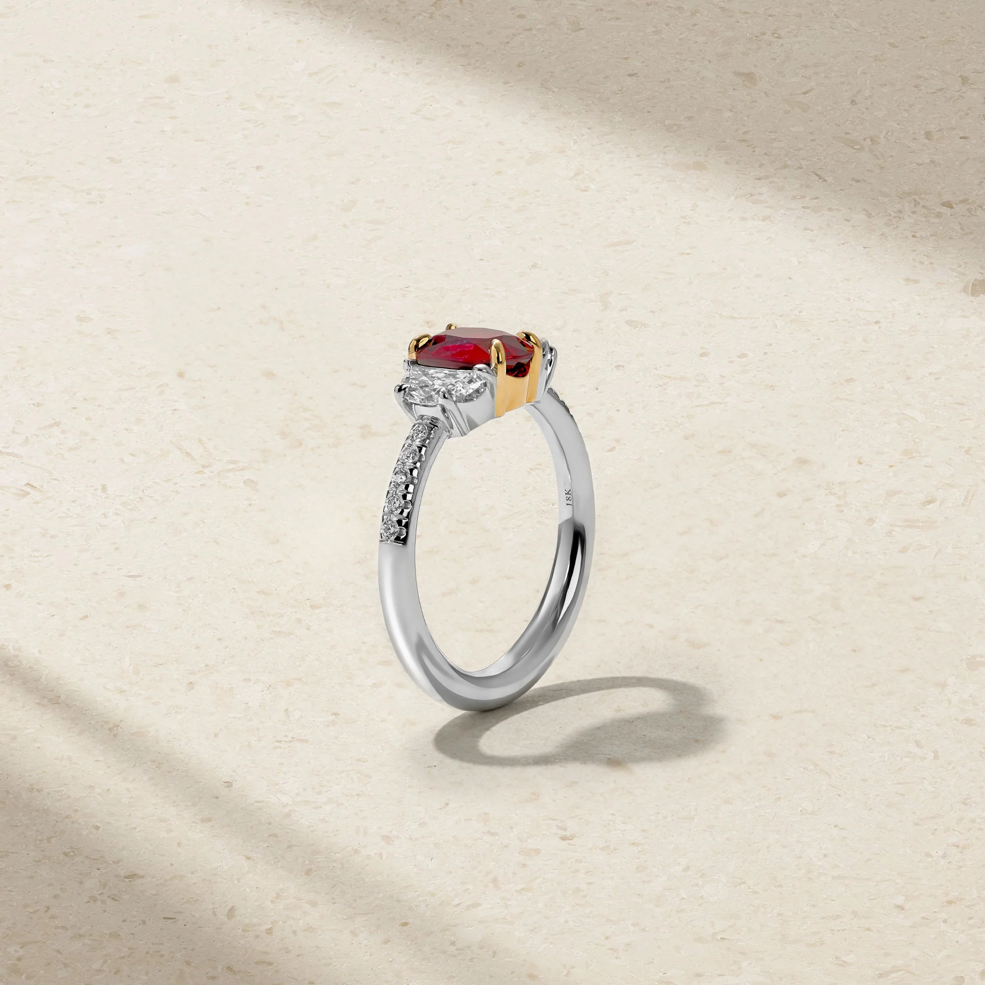 Nouveau Two Tone Three Stone Oval Ruby and Diamond Ring - Image 3
