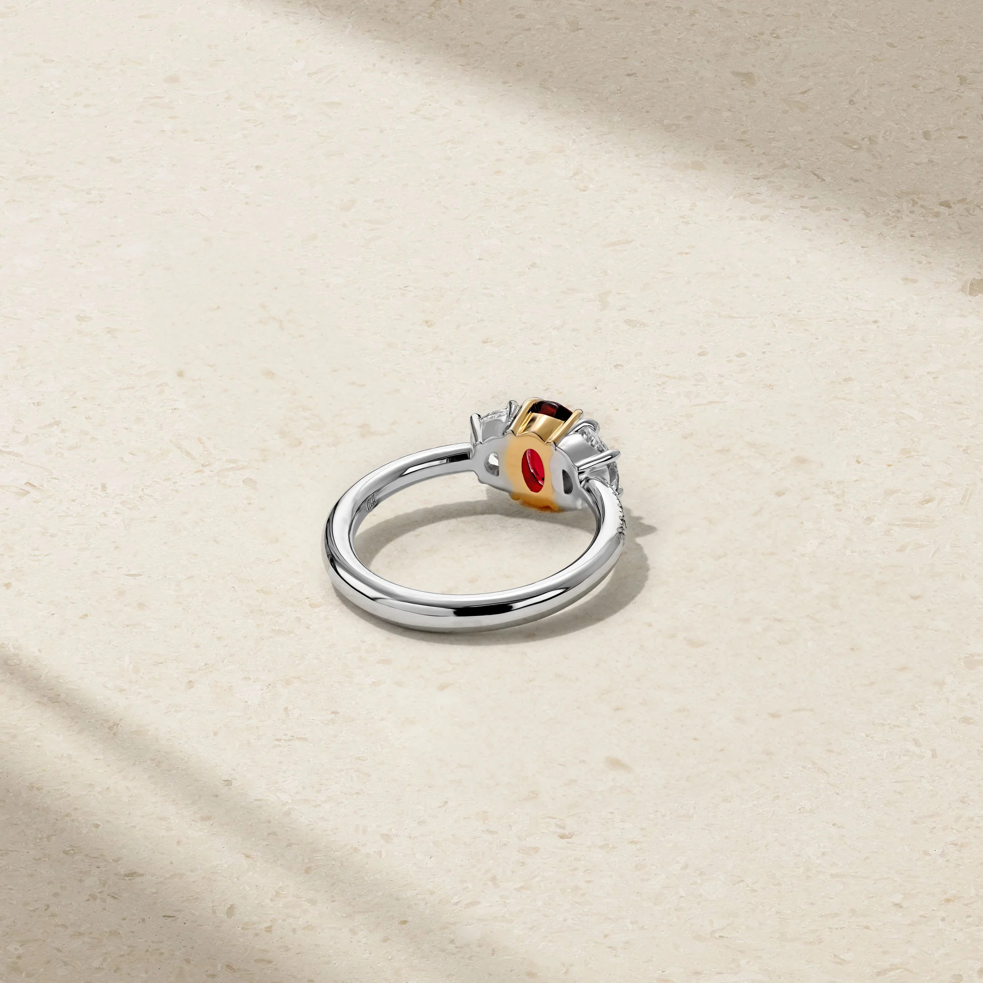 Nouveau Two Tone Three Stone Oval Ruby and Diamond Ring - Image 4
