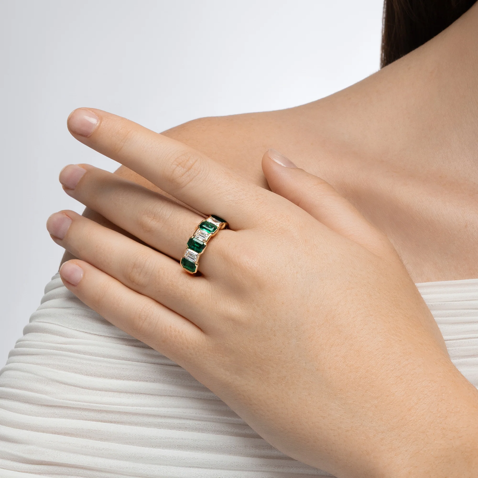 Sculpted Octagonal Emerald and Diamond Alternating Band - Image 2