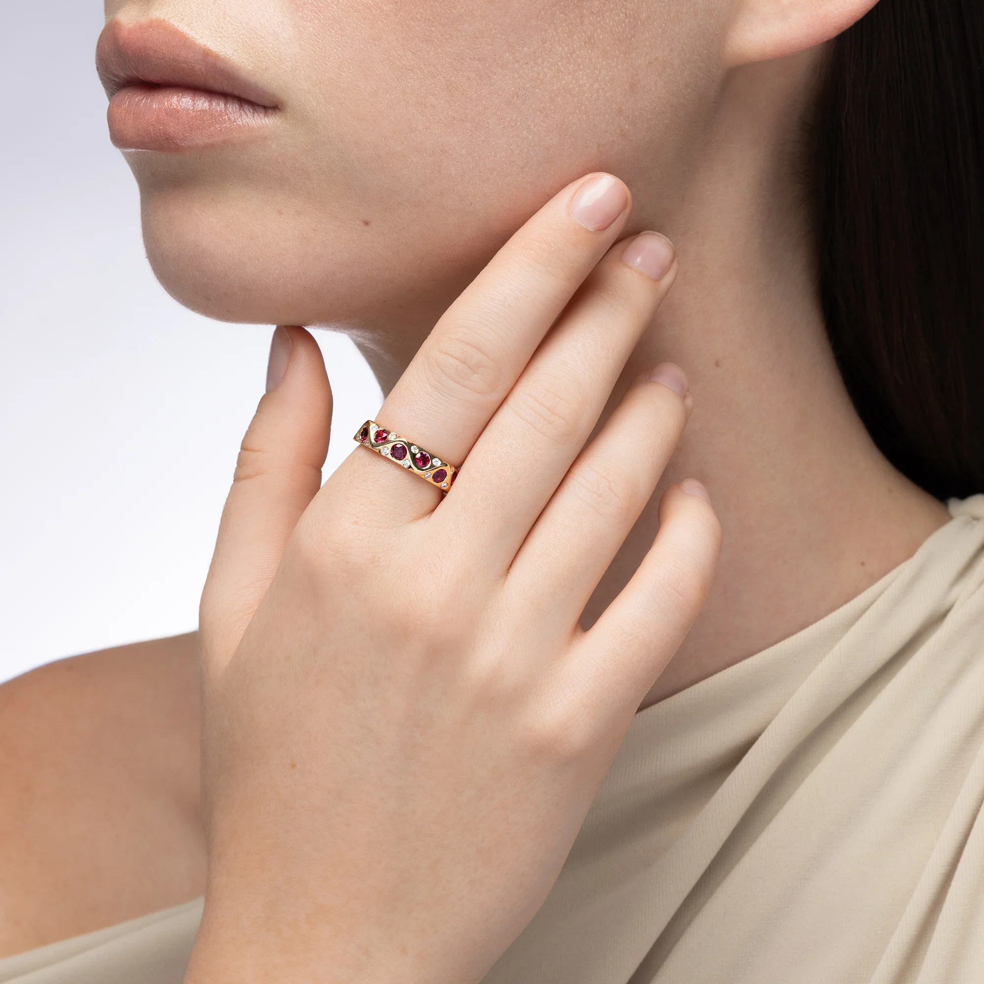 Sculpted Ruby and Diamond Wave Ring - Image 2