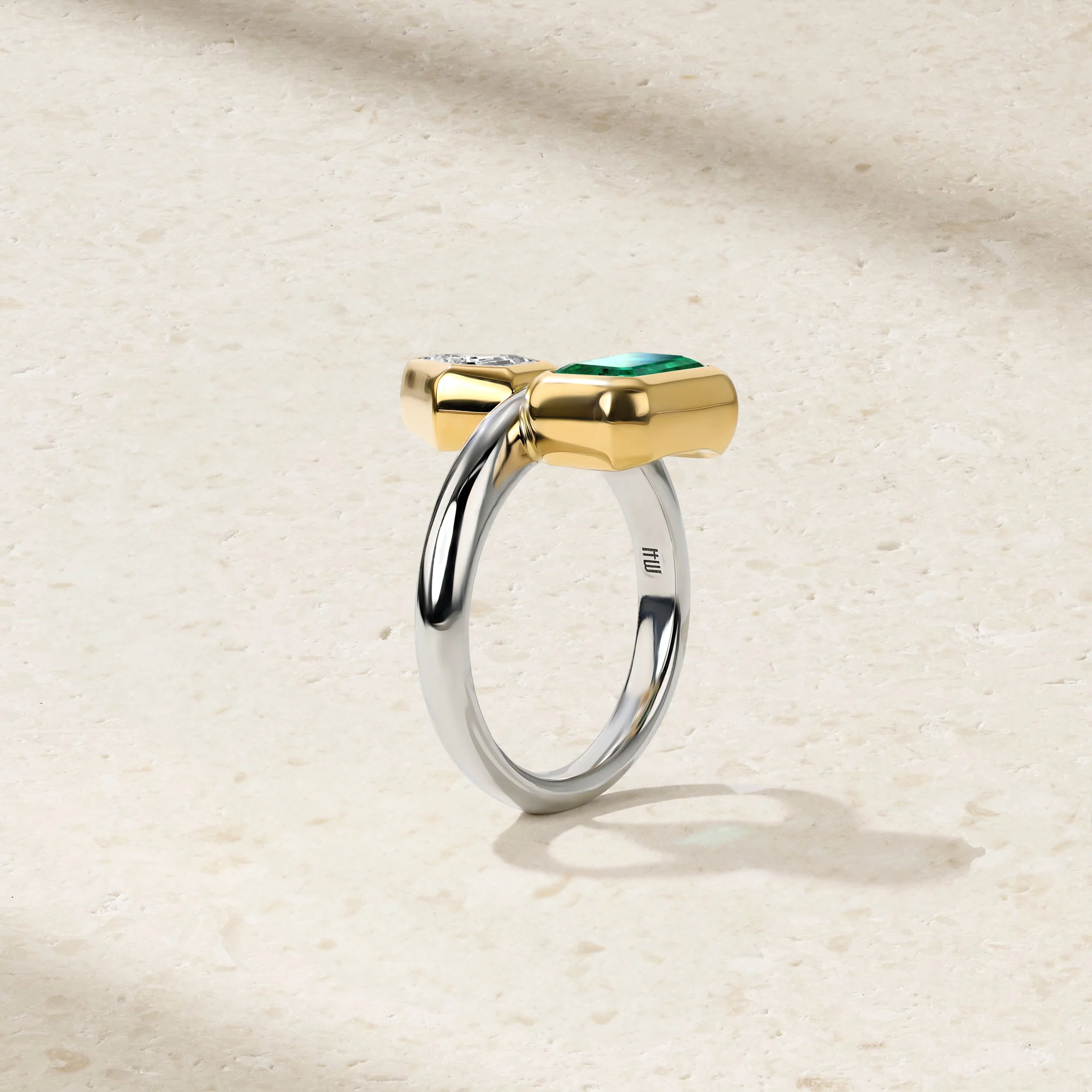 Silky Emerald and Diamond Gemini Ring - Image 3