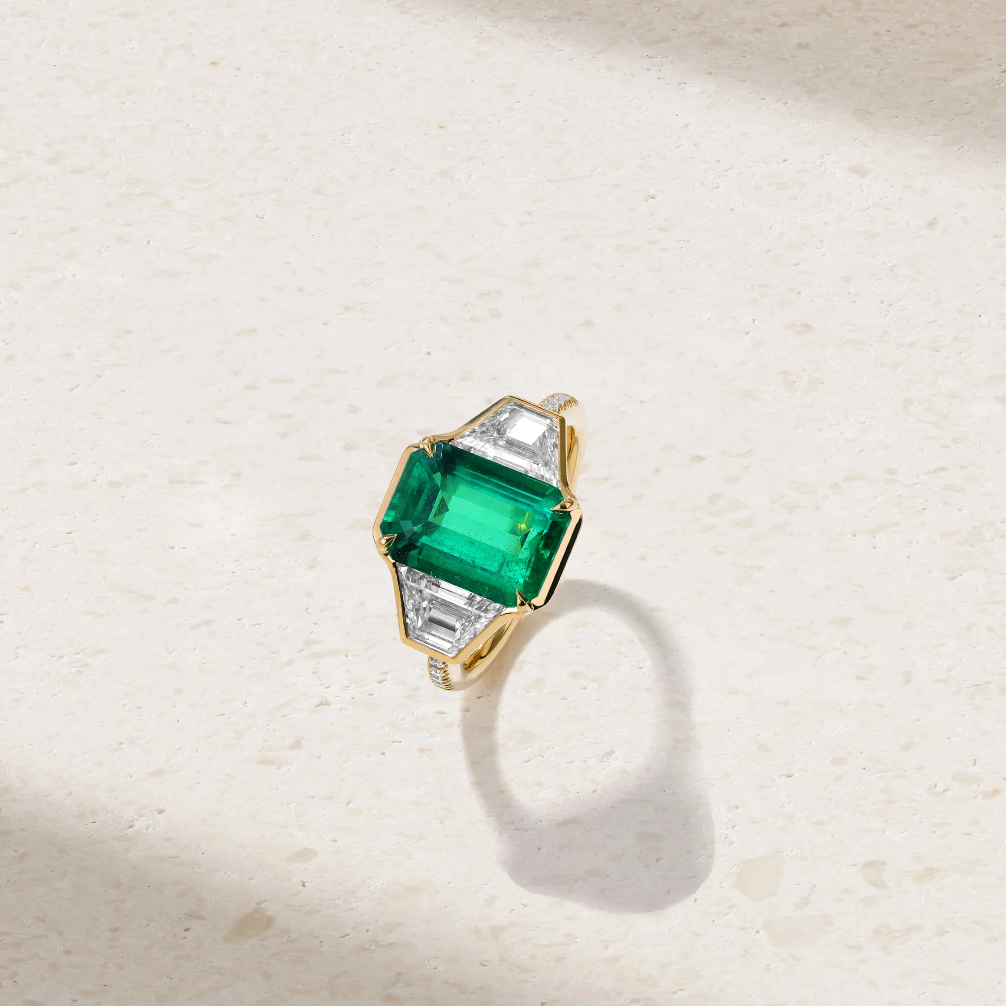 Silky Grand Three Stone Emerald and Diamond Ring - Image 2