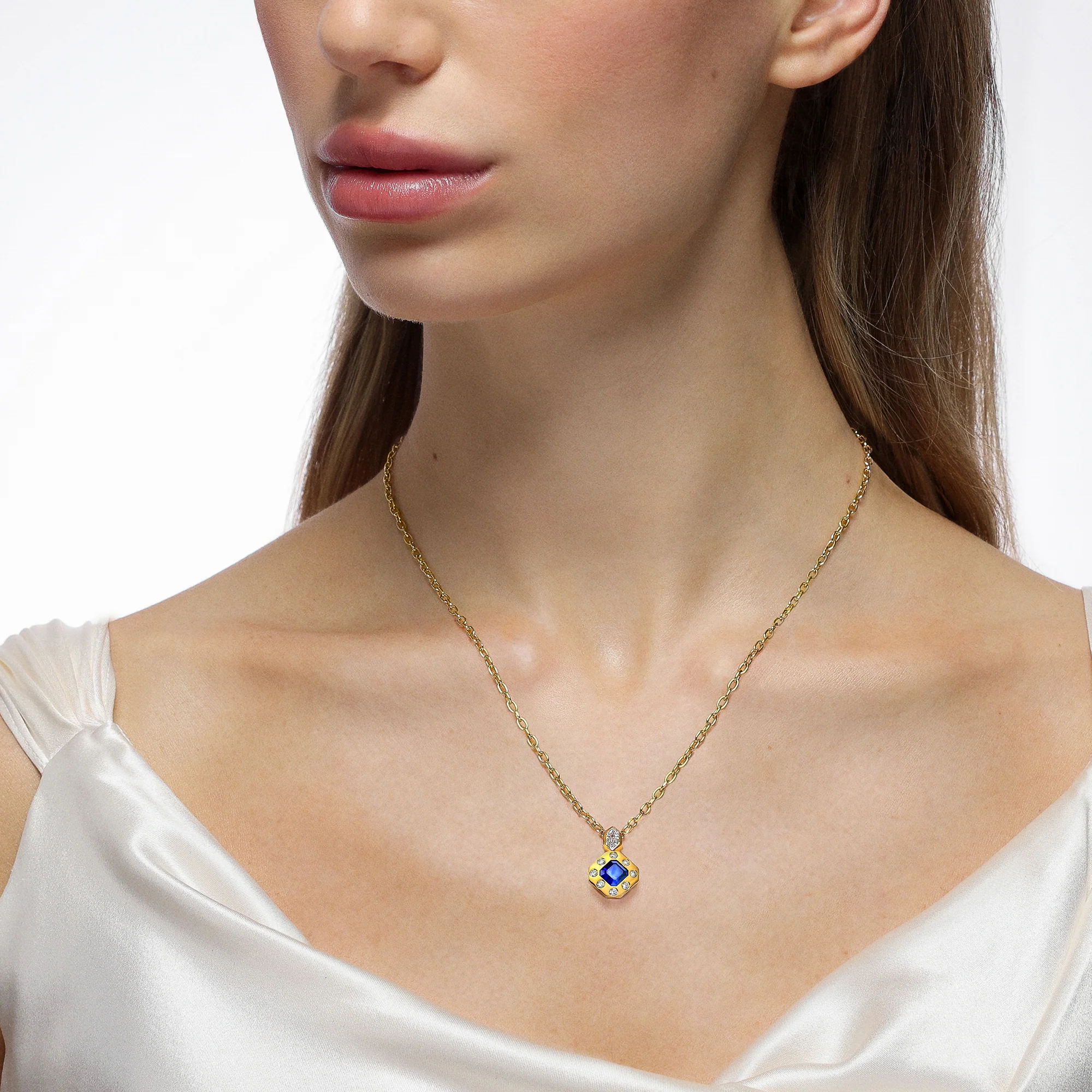 Silky Hexagonal Sapphire and Diamond Pendant - Image 2