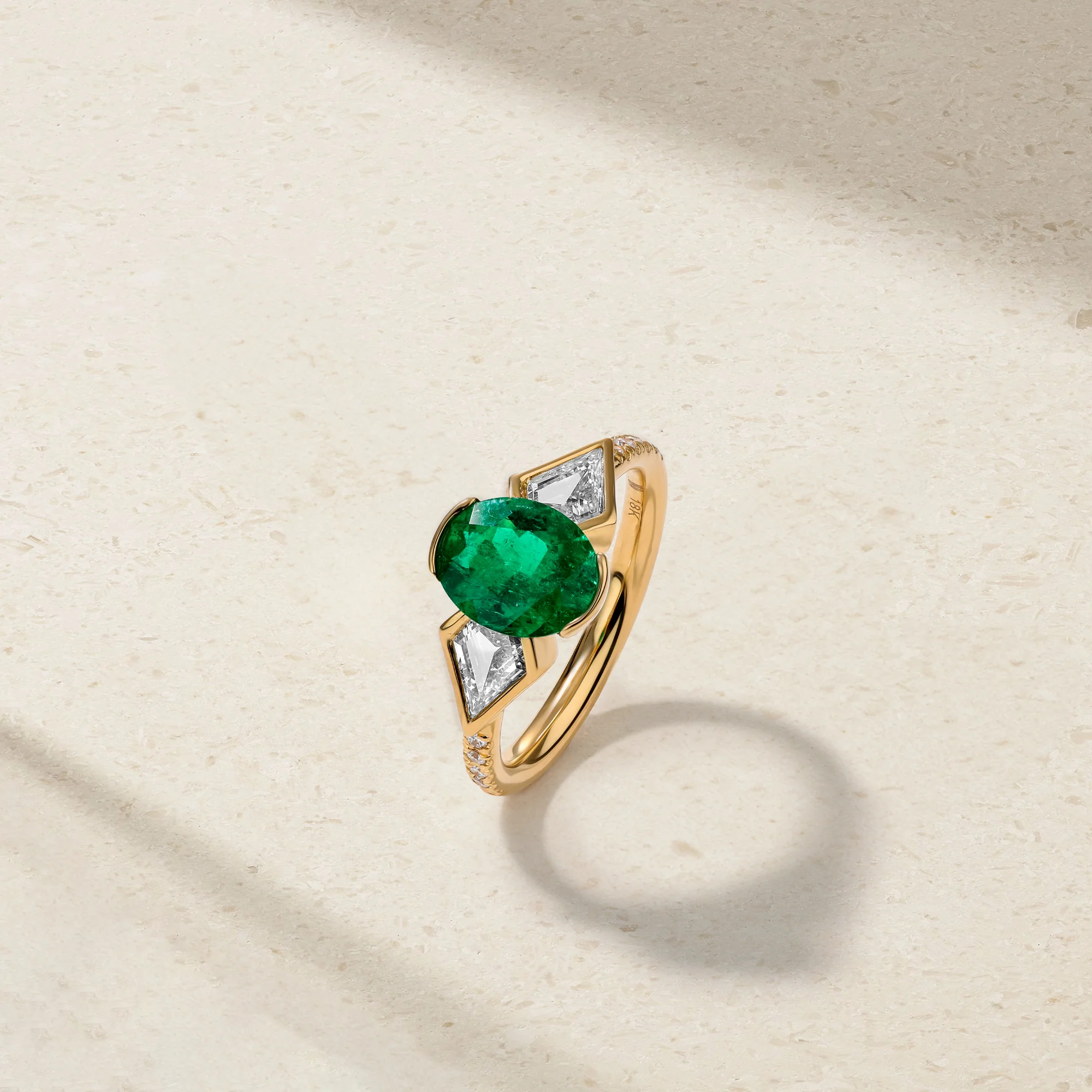 Silky Three Stone Colombian Emerald and Diamond Ring - Image 2