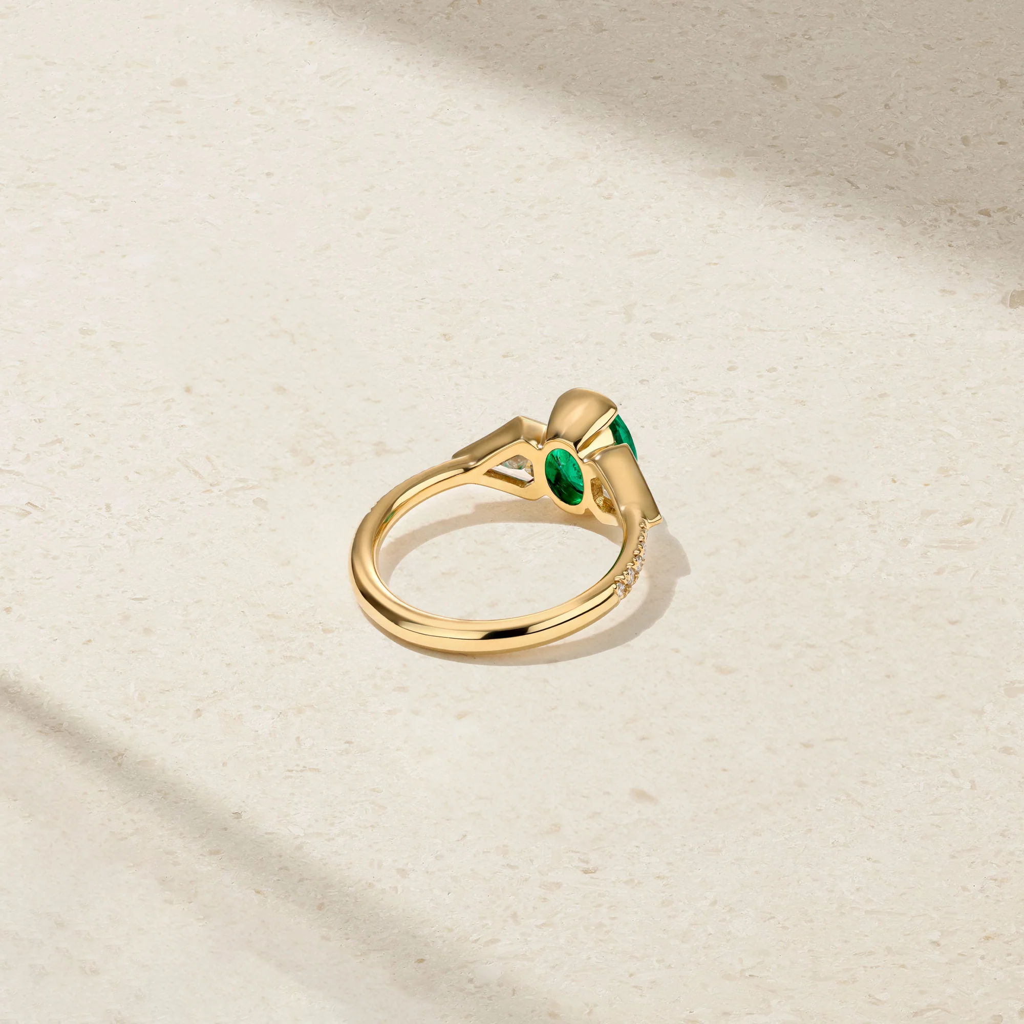 Silky Three Stone Colombian Emerald and Diamond Ring - Image 3