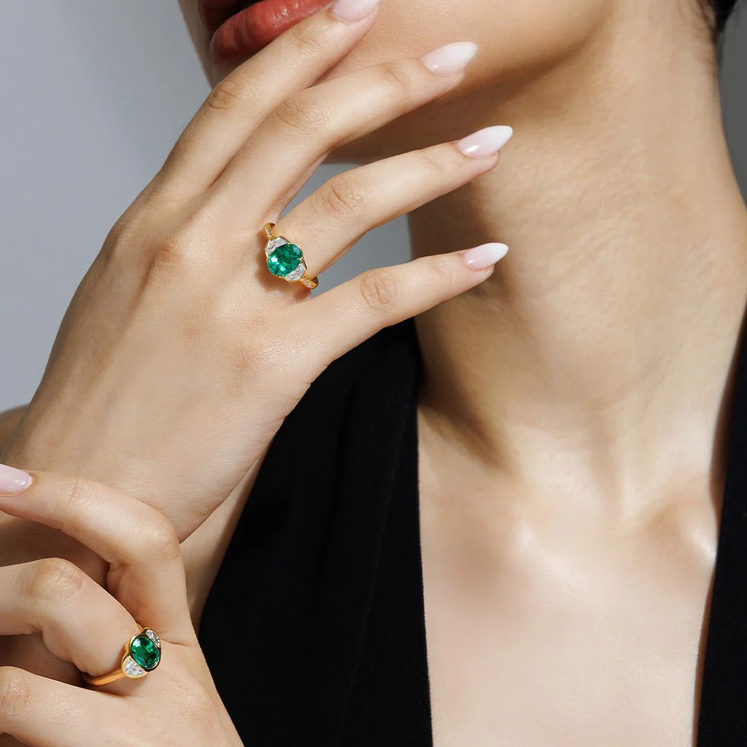 Silky Three Stone Emerald and Diamond Ring - Image 2