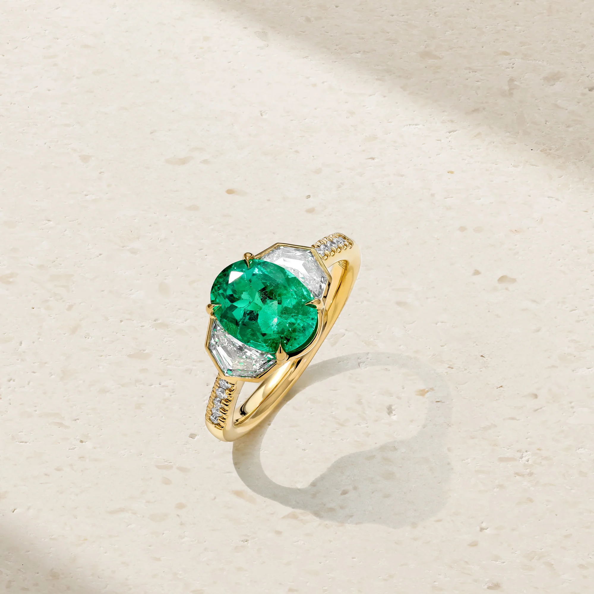 Silky Three Stone Emerald and Diamond Ring - Image 3