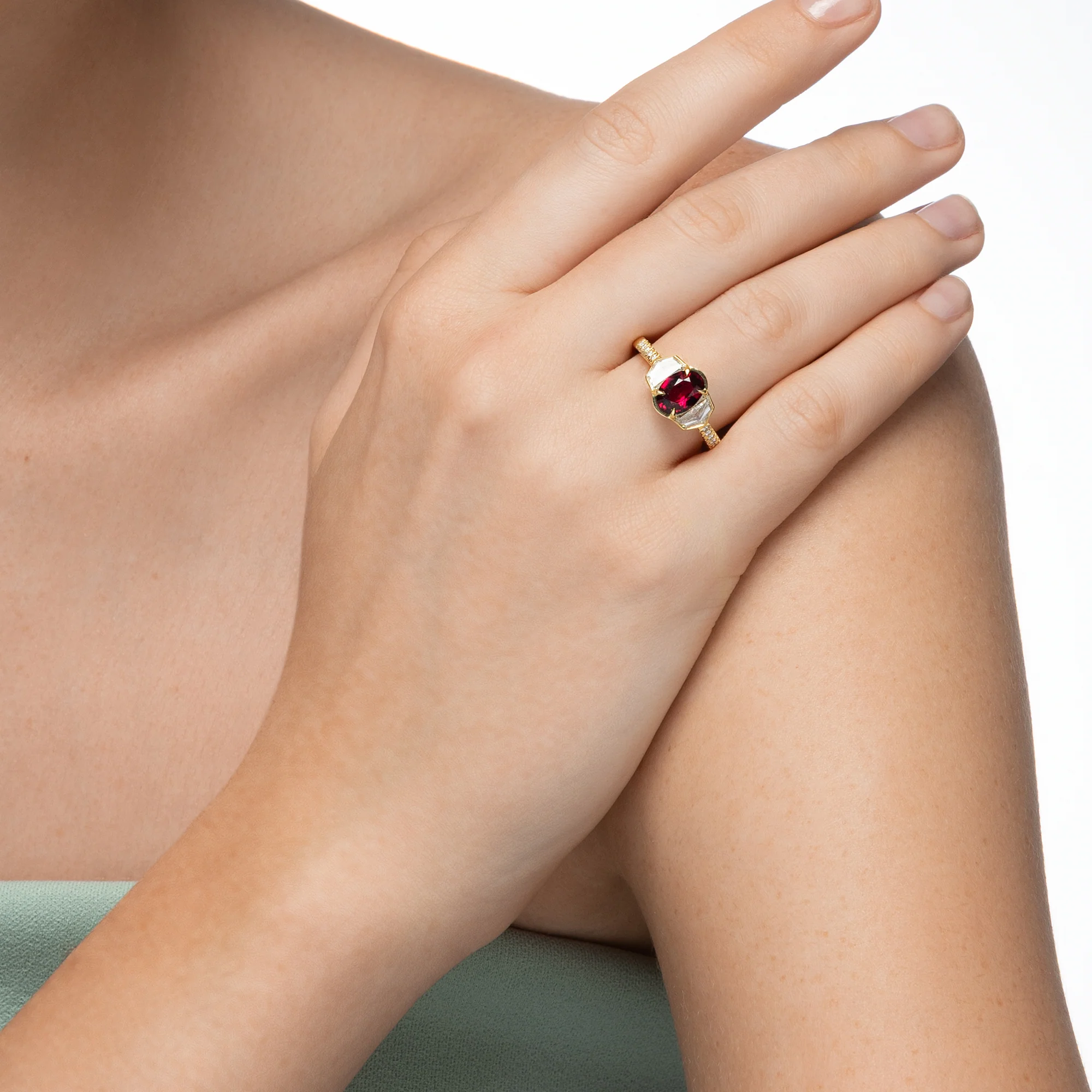Silky Three Stone Ruby and Diamond Ring - Image 2