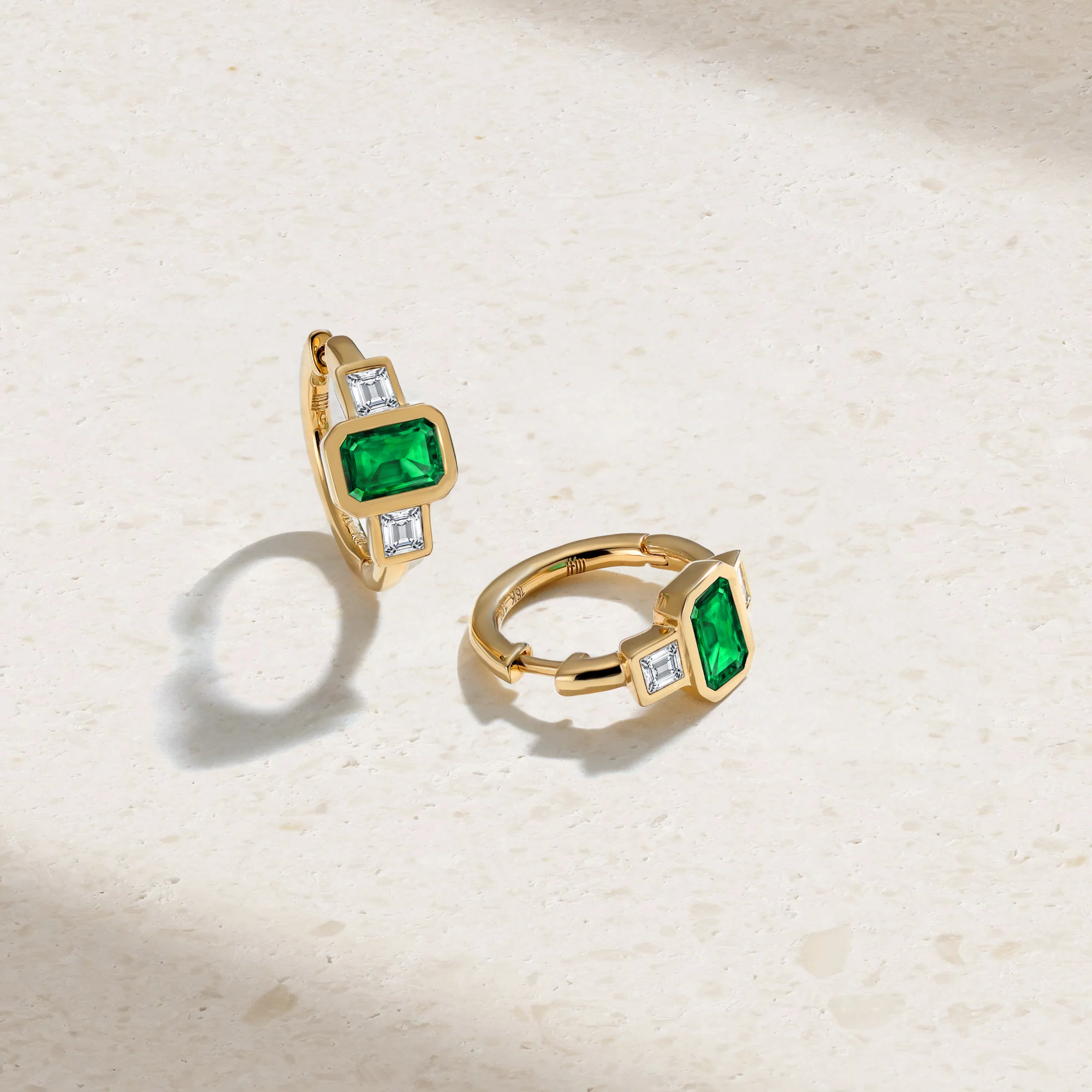 Three Stone Octagonal Emerald and Diamond Huggie Earrings - Image 3