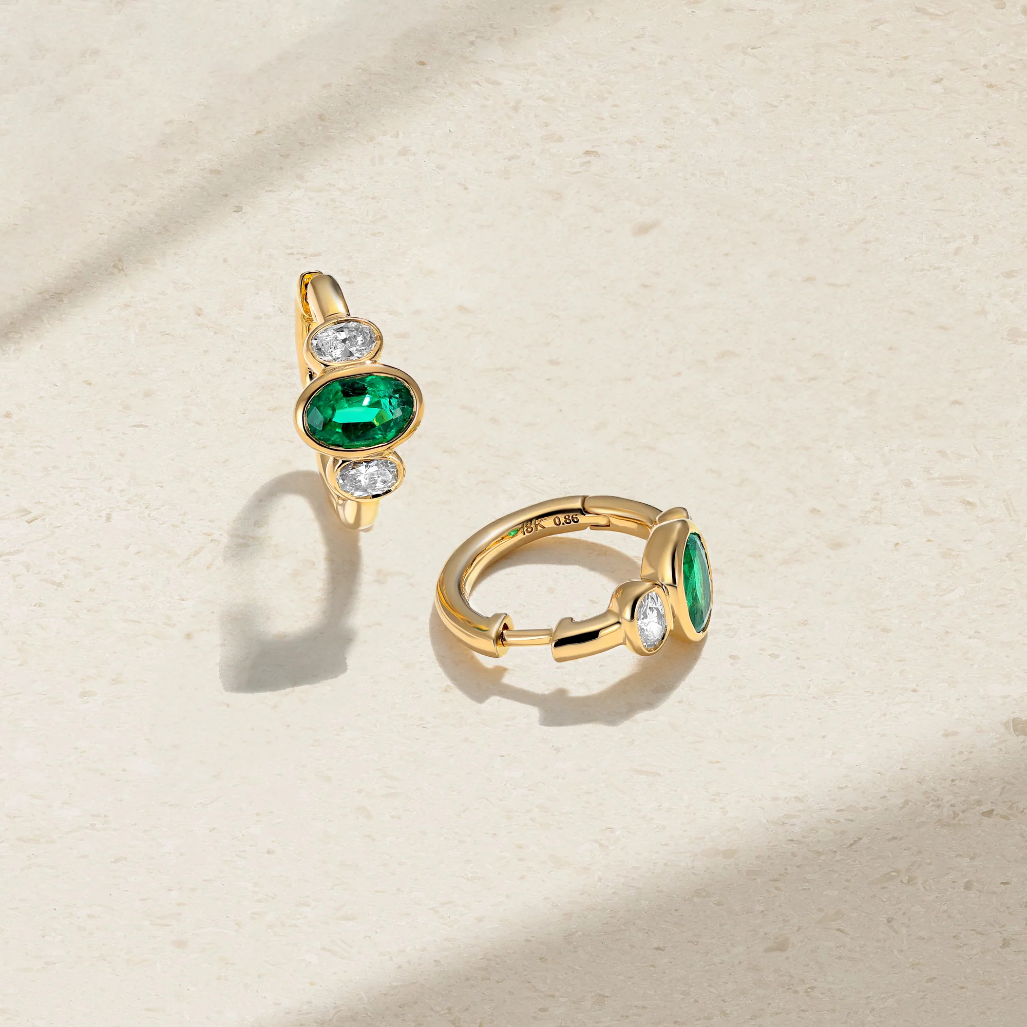 Three Stone Oval Emerald and Diamond Huggie Earrings - Image 3