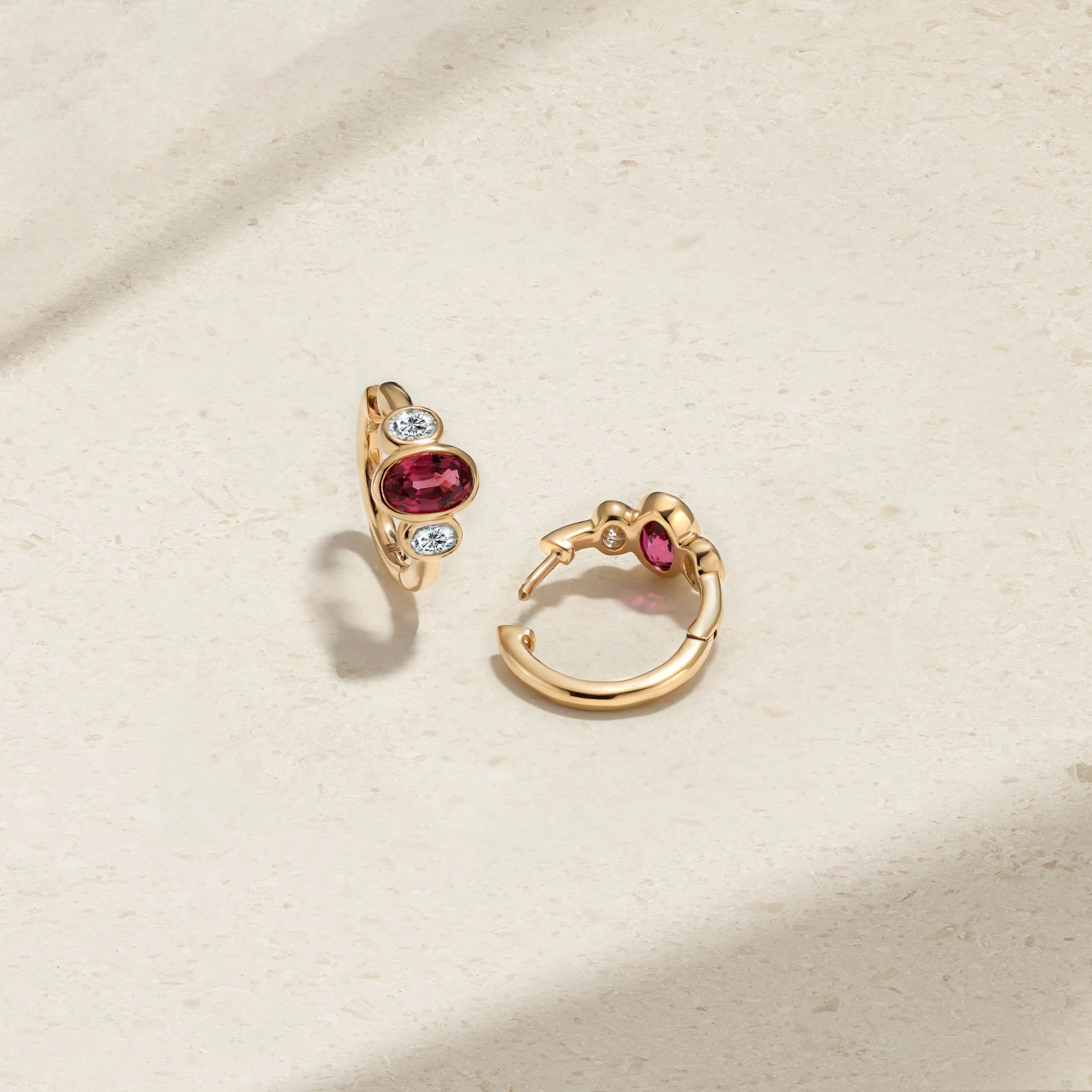 Three Stone Oval Ruby and Diamond Huggie Earrings - Image 3