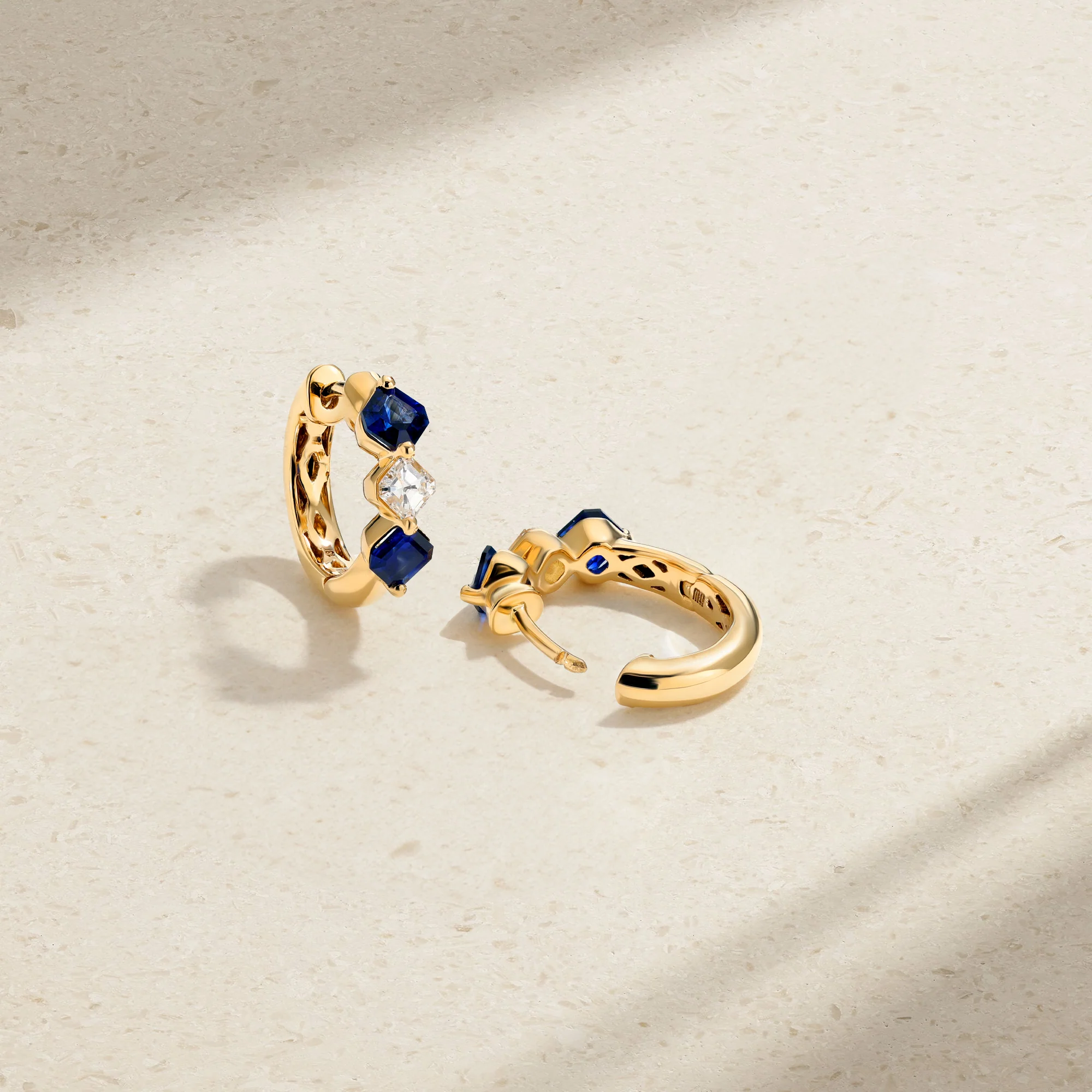 Triple Asscher Sapphire and Diamond Huggie Earrings - Image 3